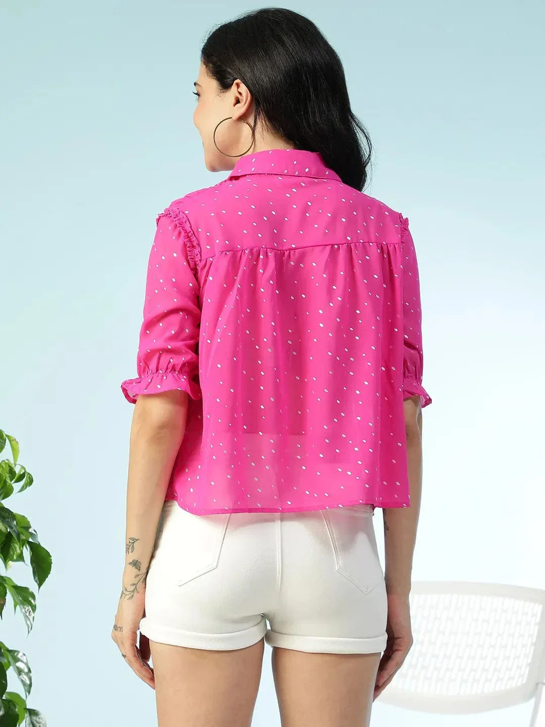 Sprinky Pink Collared Short Sleeves Ruffle Detail Glittery Women Shirt - Image 5