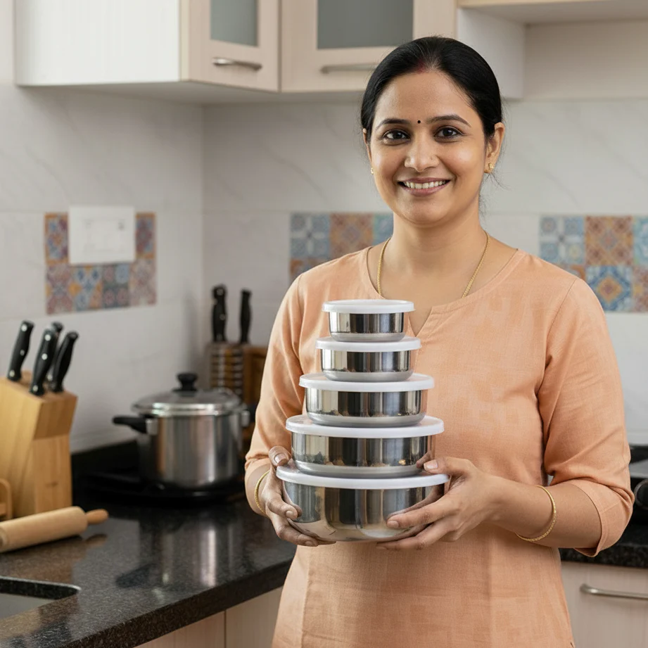 Stainless Steel Kitchen Bowl Set with Lids - Set of 5 Pcs - Image 12