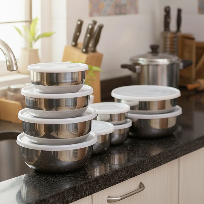 Stainless Steel Kitchen Bowl Set with Lids - Set of 5 Pcs - Image 2