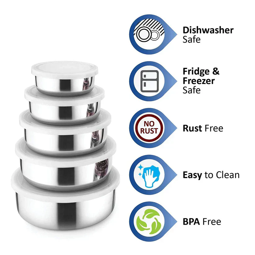 Stainless Steel Kitchen Bowl Set with Lids - Set of 5 Pcs - Image 7