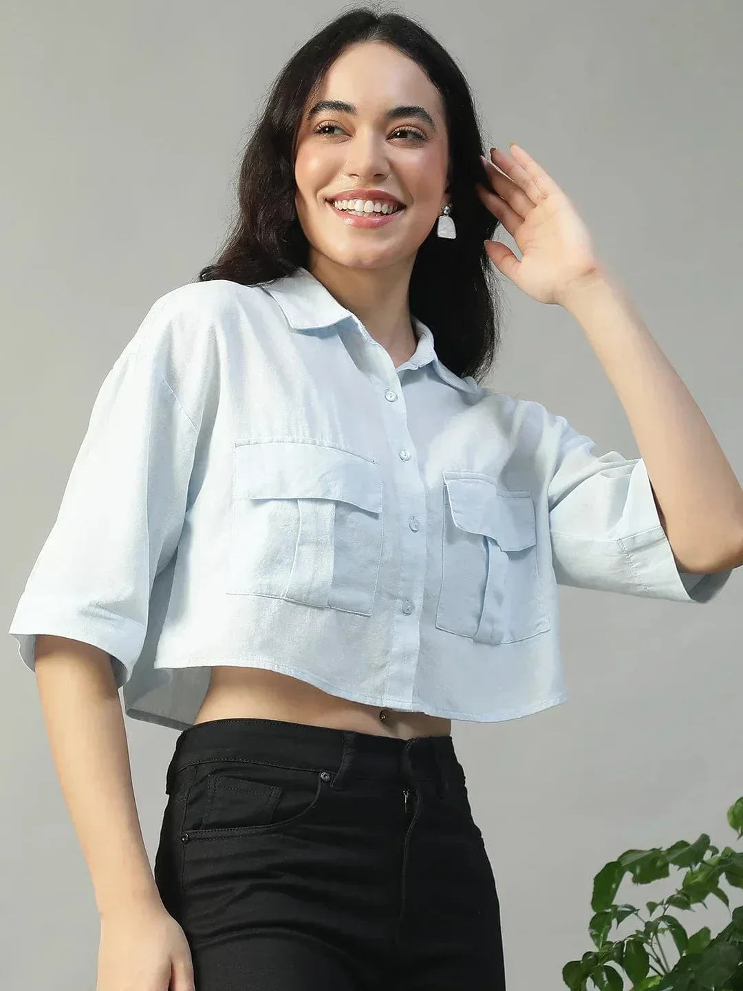 Standard Solid Blue Collared With Button Fly Short Sleeve Women Cotton Linen Crop Shirt - Image 4