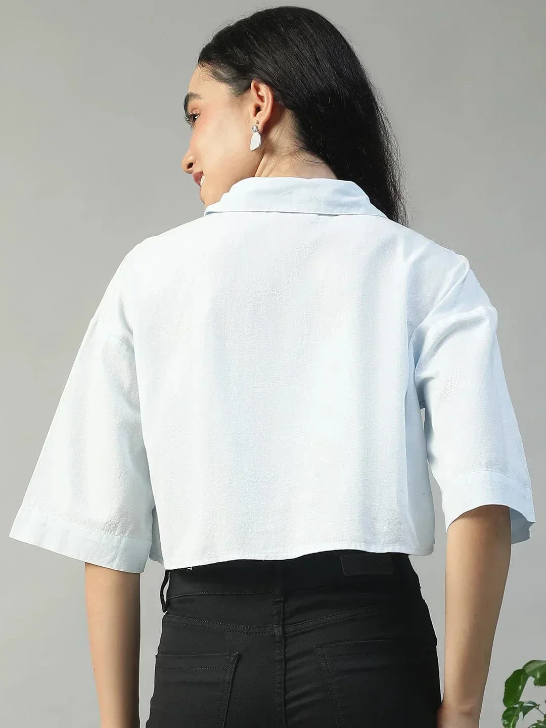 Standard Solid Blue Collared With Button Fly Short Sleeve Women Cotton Linen Crop Shirt - Image 5