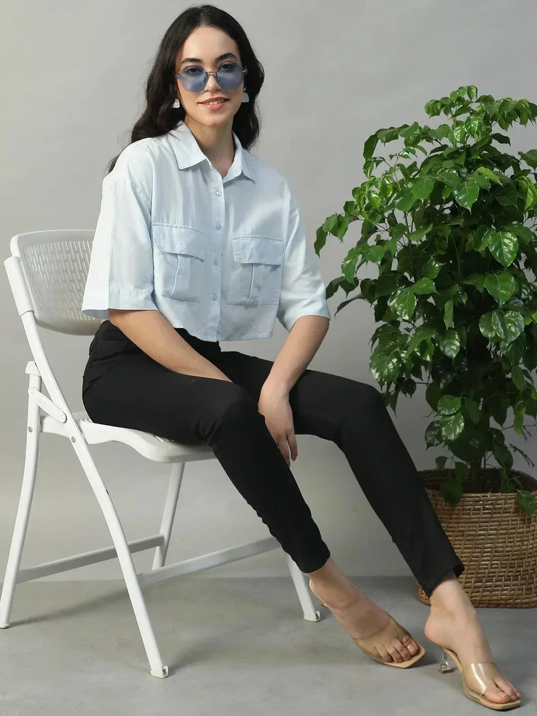 Standard Solid Blue Collared With Button Fly Short Sleeve Women Cotton Linen Crop Shirt - Image 7