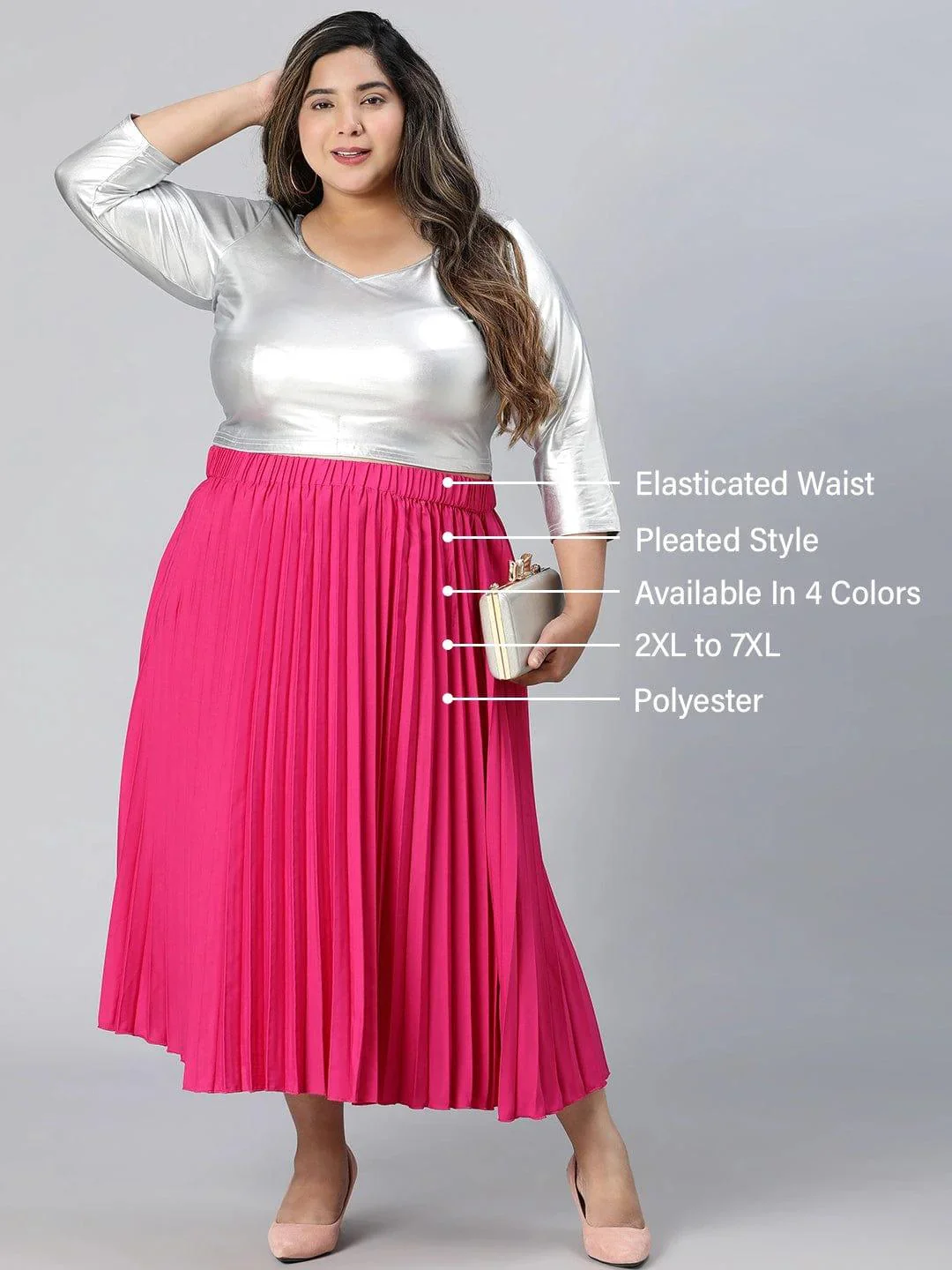 Starlight Pink Elasticated Pleated Plus Size Skirt - Image 2