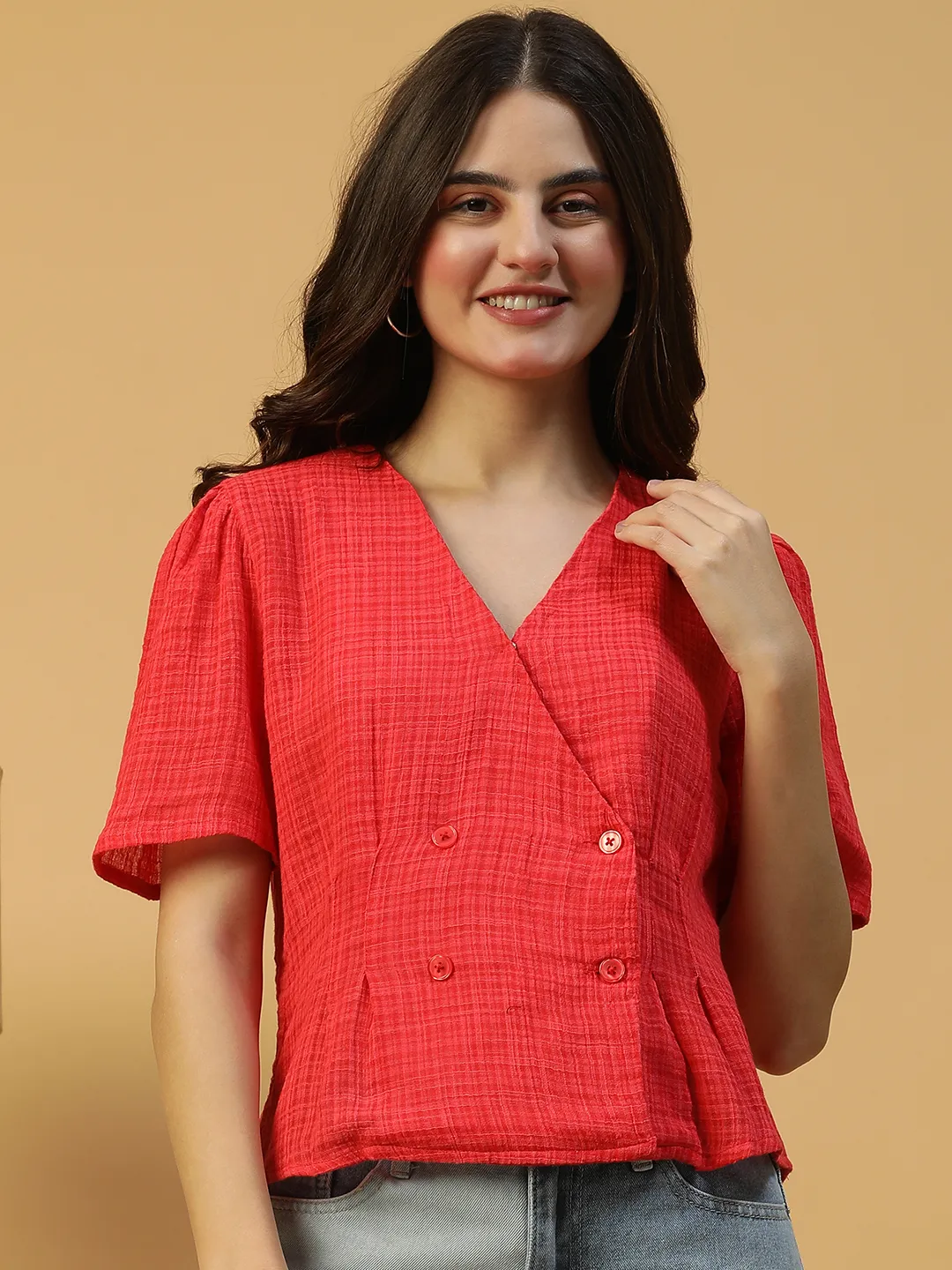 Starling Red Button Detailed Short Sleeve Women Cotton Dobby Top - Image 8