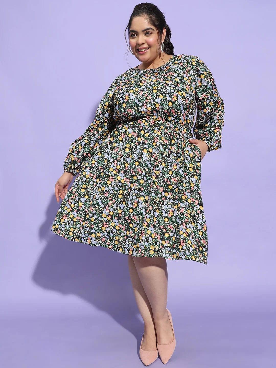 Starlit Multicolor Floral Print Flare Plus Size Curvy Dress