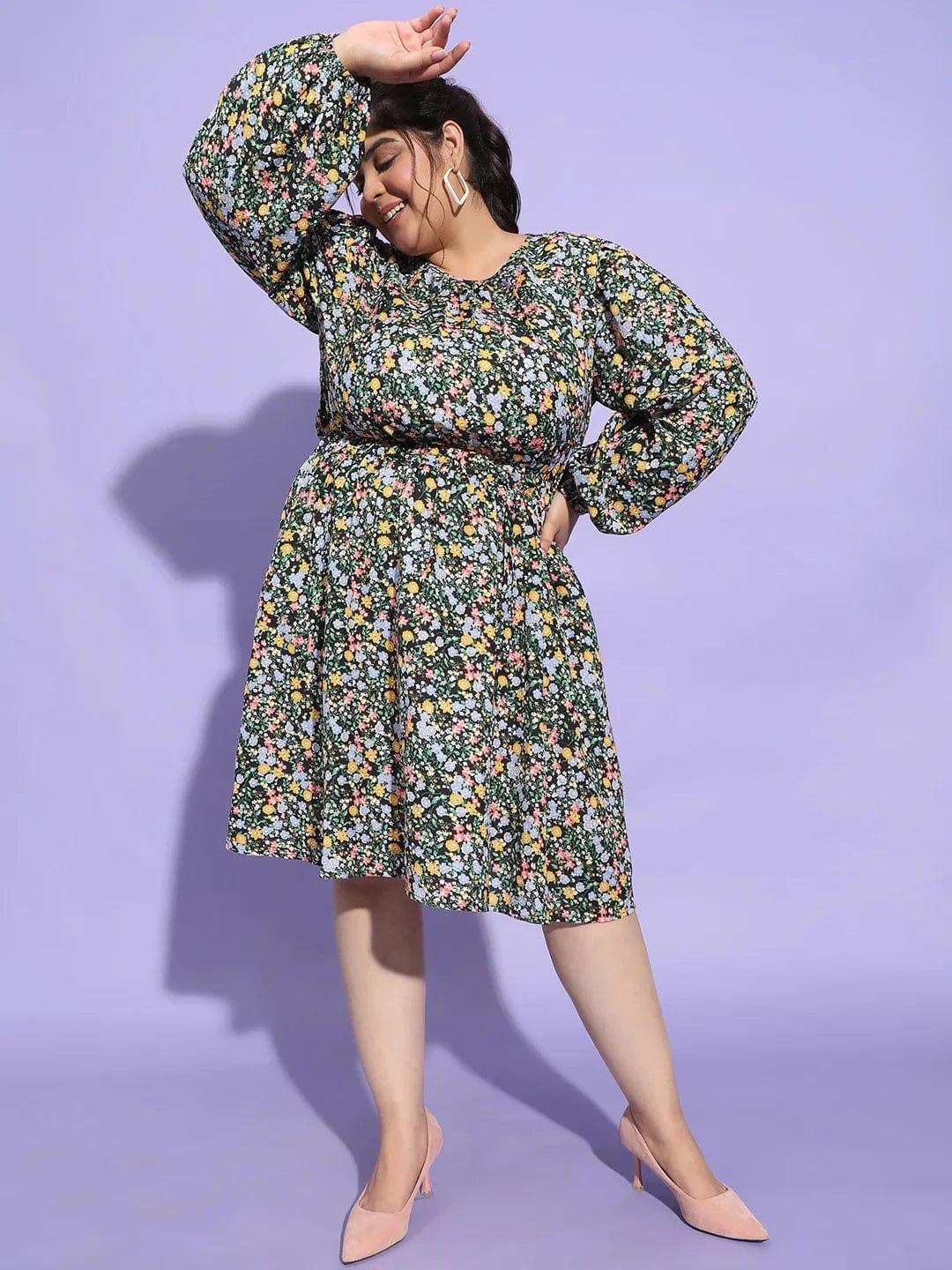Starlit Multicolor Floral Print Flare Plus Size Curvy Dress - Image 2