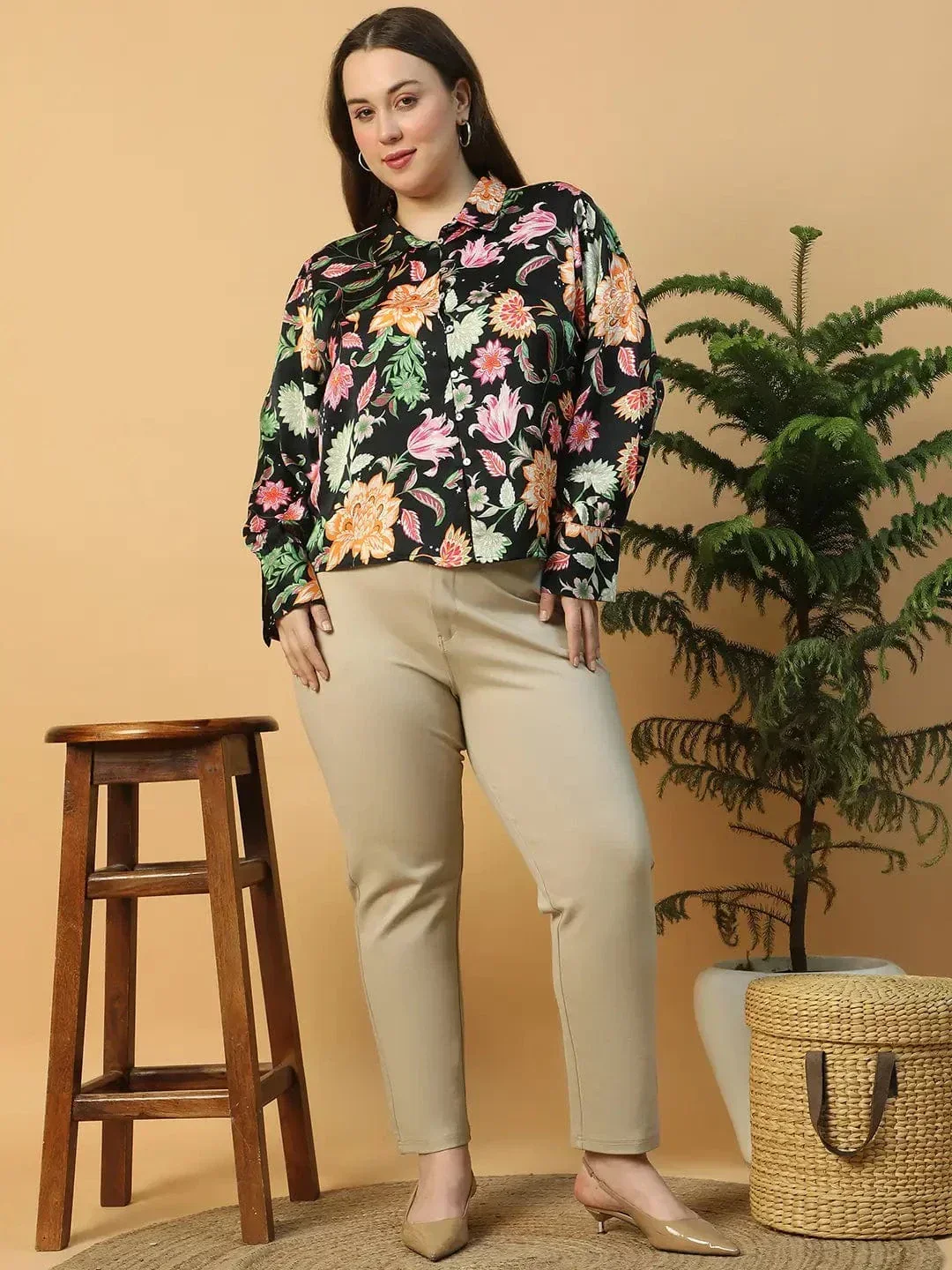Statement Black Floral Print Button Down Collared Long Sleeve  Plus Size Women Satin Shirt - Image 2