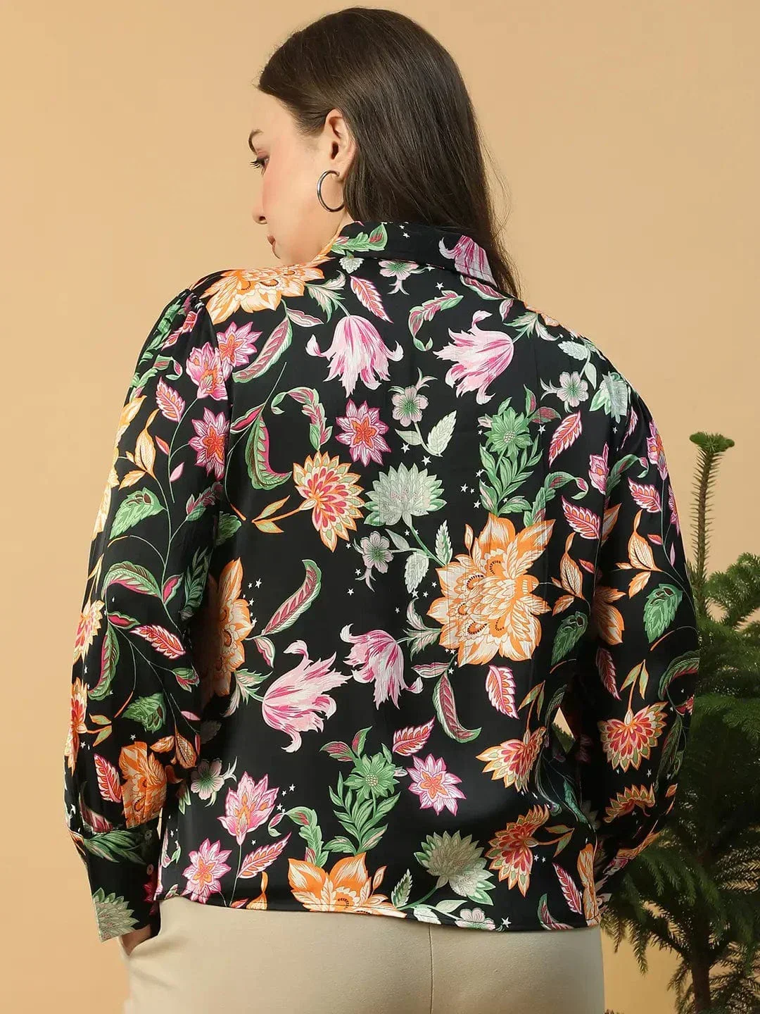 Statement Black Floral Print Button Down Collared Long Sleeve  Plus Size Women Satin Shirt - Image 5