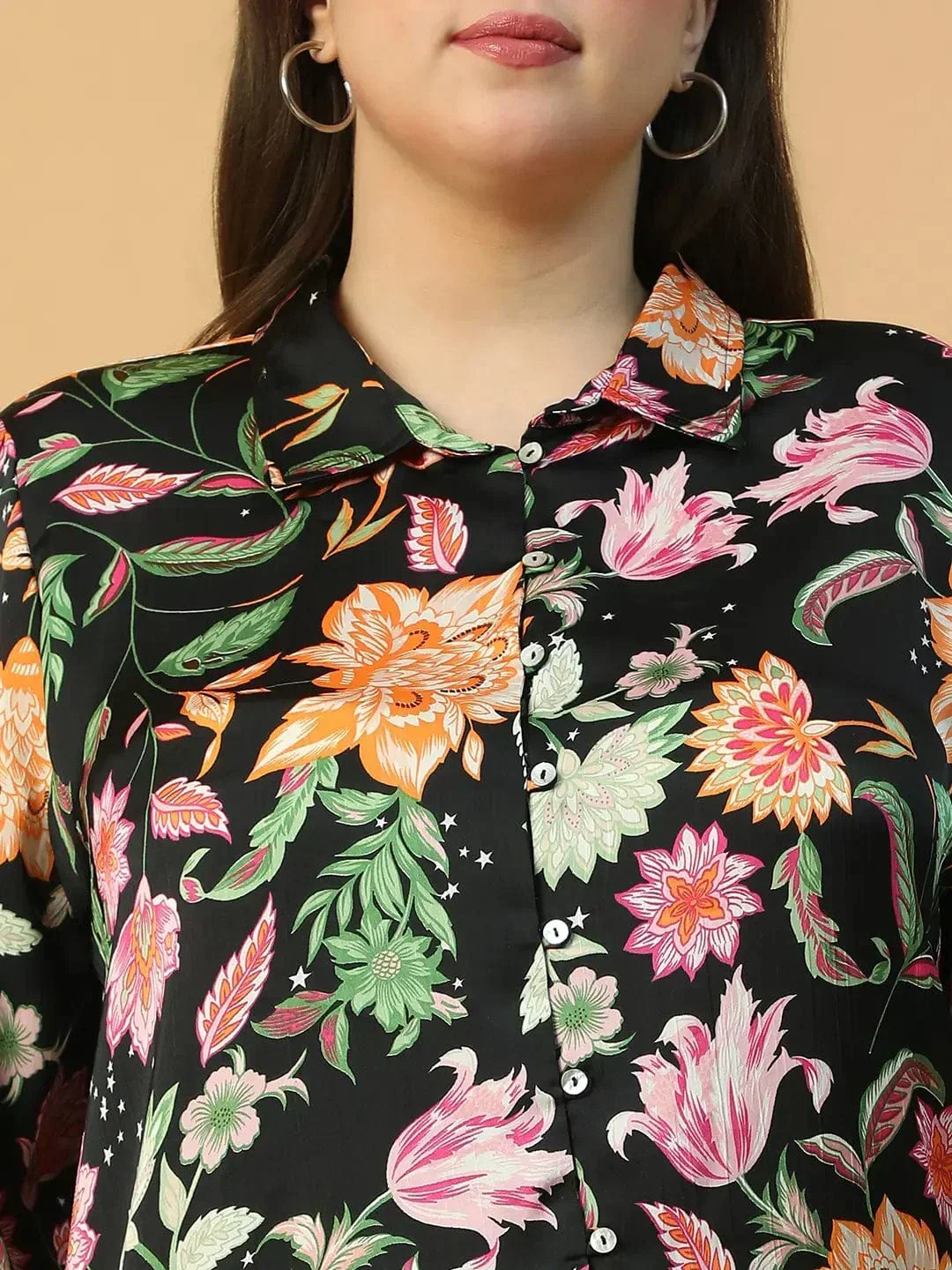 Statement Black Floral Print Button Down Collared Long Sleeve  Plus Size Women Satin Shirt - Image 6