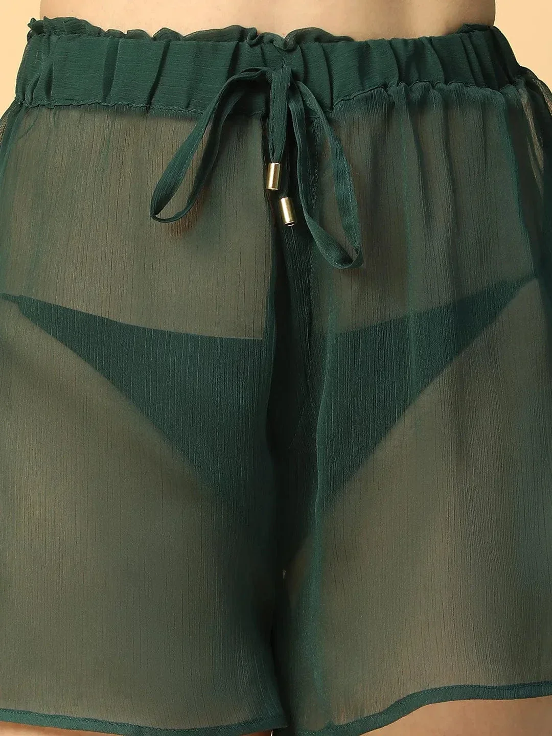 Statement Solid Green Elasticated Waist With Tie-Up Detail Women Beachwear Shorts - Image 6