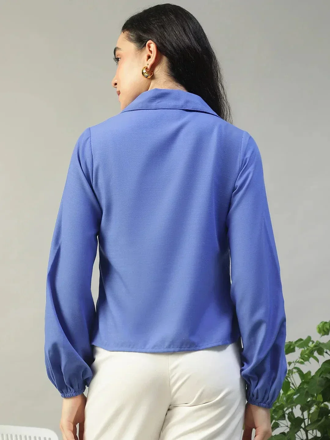 Steel Blue Collared Button Down Long Sleeve Women Shirt In Slub Fabric - Image 5