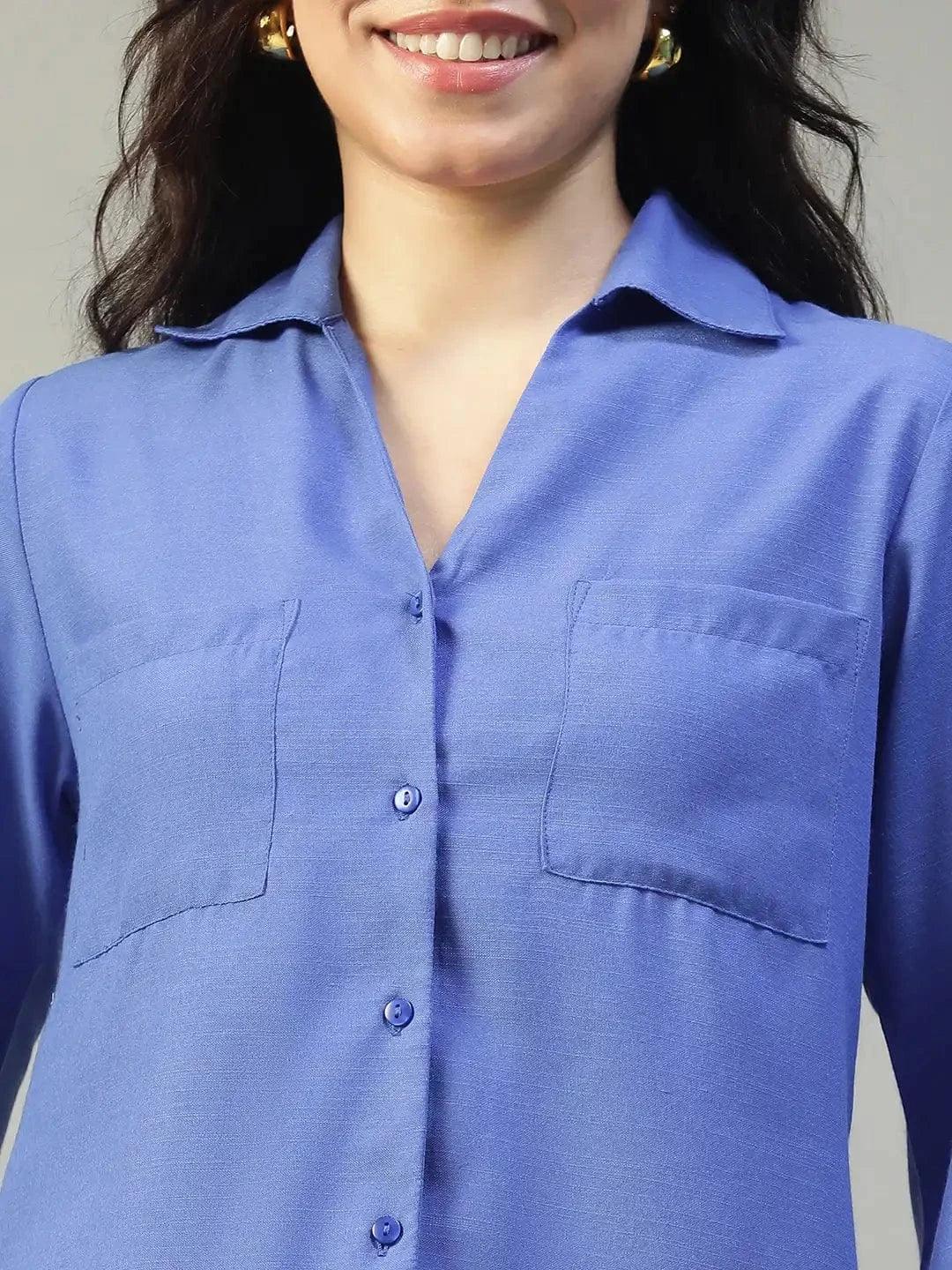 Steel Blue Collared Button Down Long Sleeve Women Shirt In Slub Fabric - Image 6