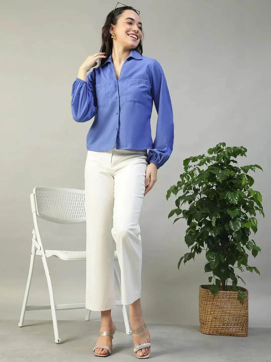 Steel Blue Collared Button Down Long Sleeve Women Shirt In Slub Fabric - Image 8