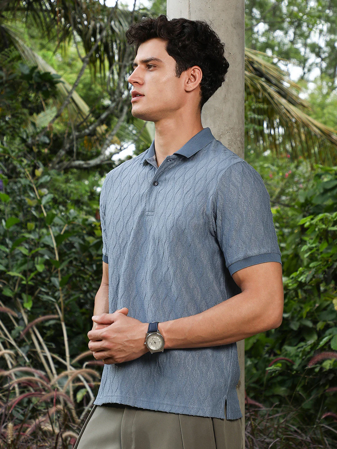Steel Blue Marquise-Tactile Knit Polo T-Shirt - Image 3