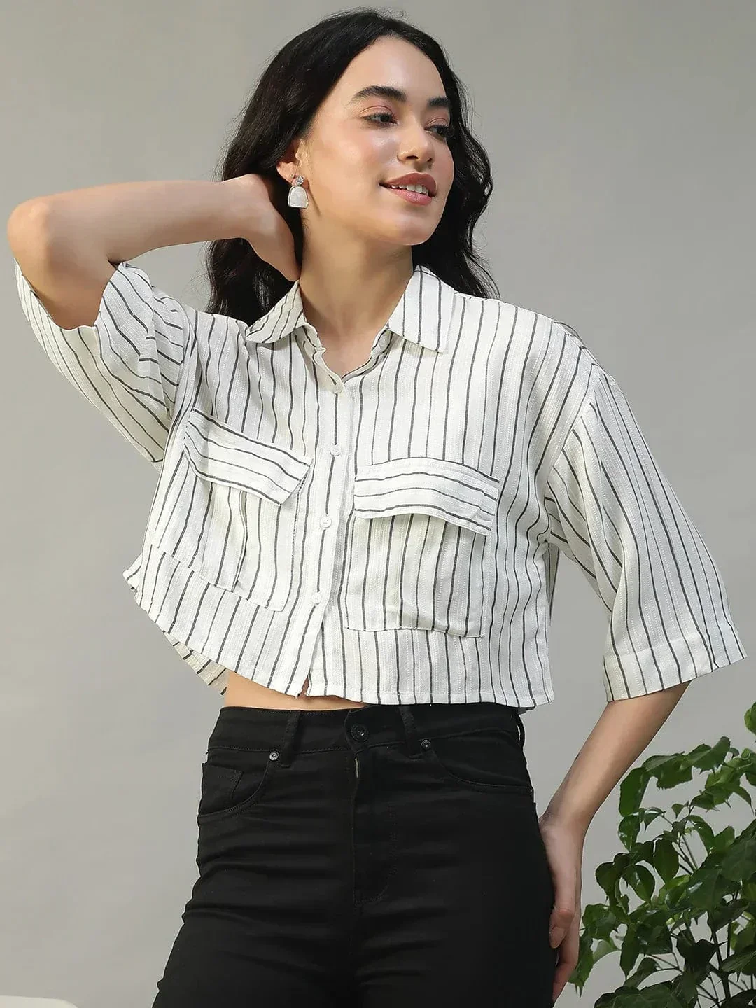 Straight White Stripe Print Collared With Button Fly Short Sleeve Women Yarn Dyed Dobby Shirt