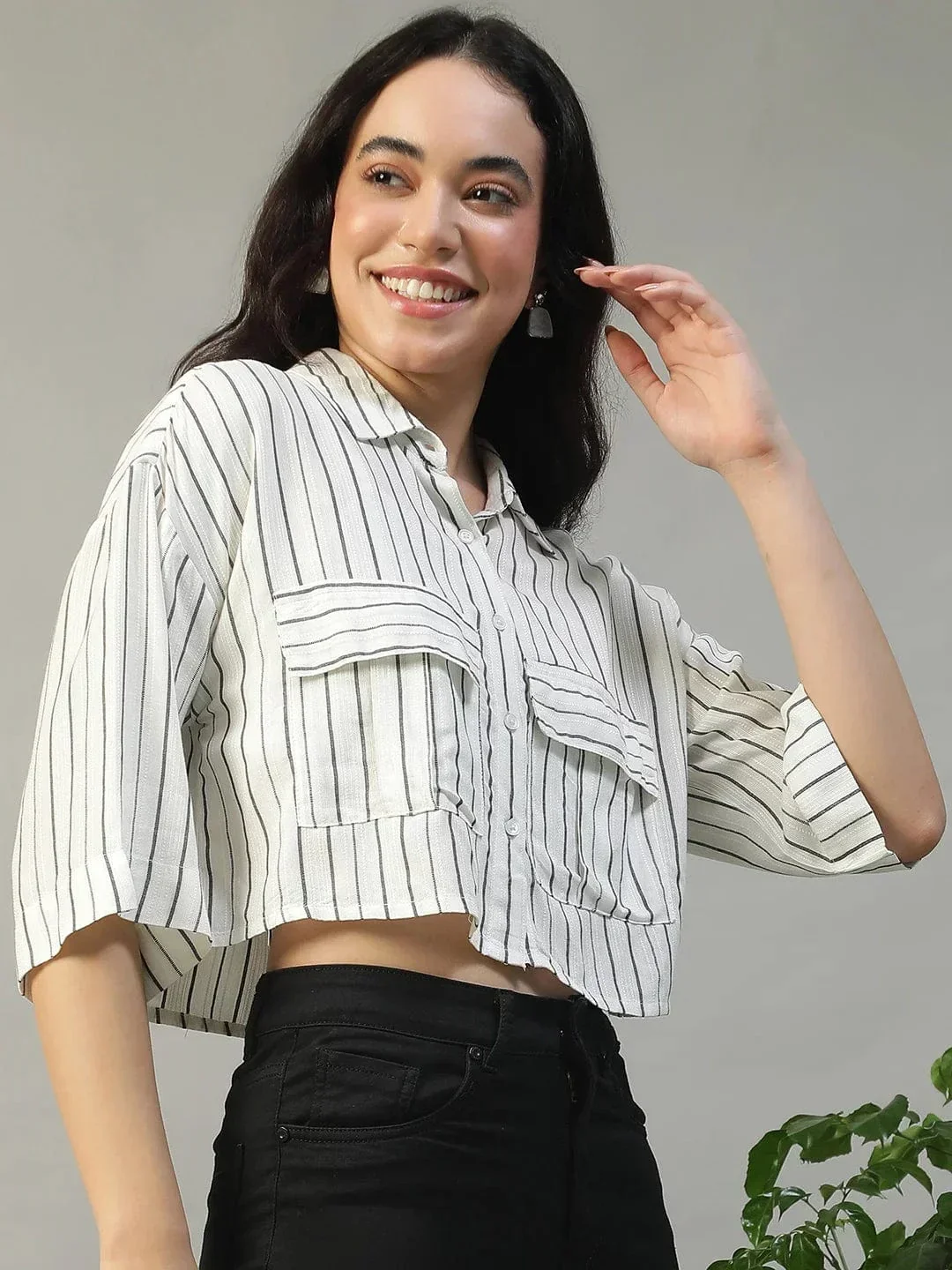 Straight White Stripe Print Collared With Button Fly Short Sleeve Women Yarn Dyed Dobby Shirt - Image 4