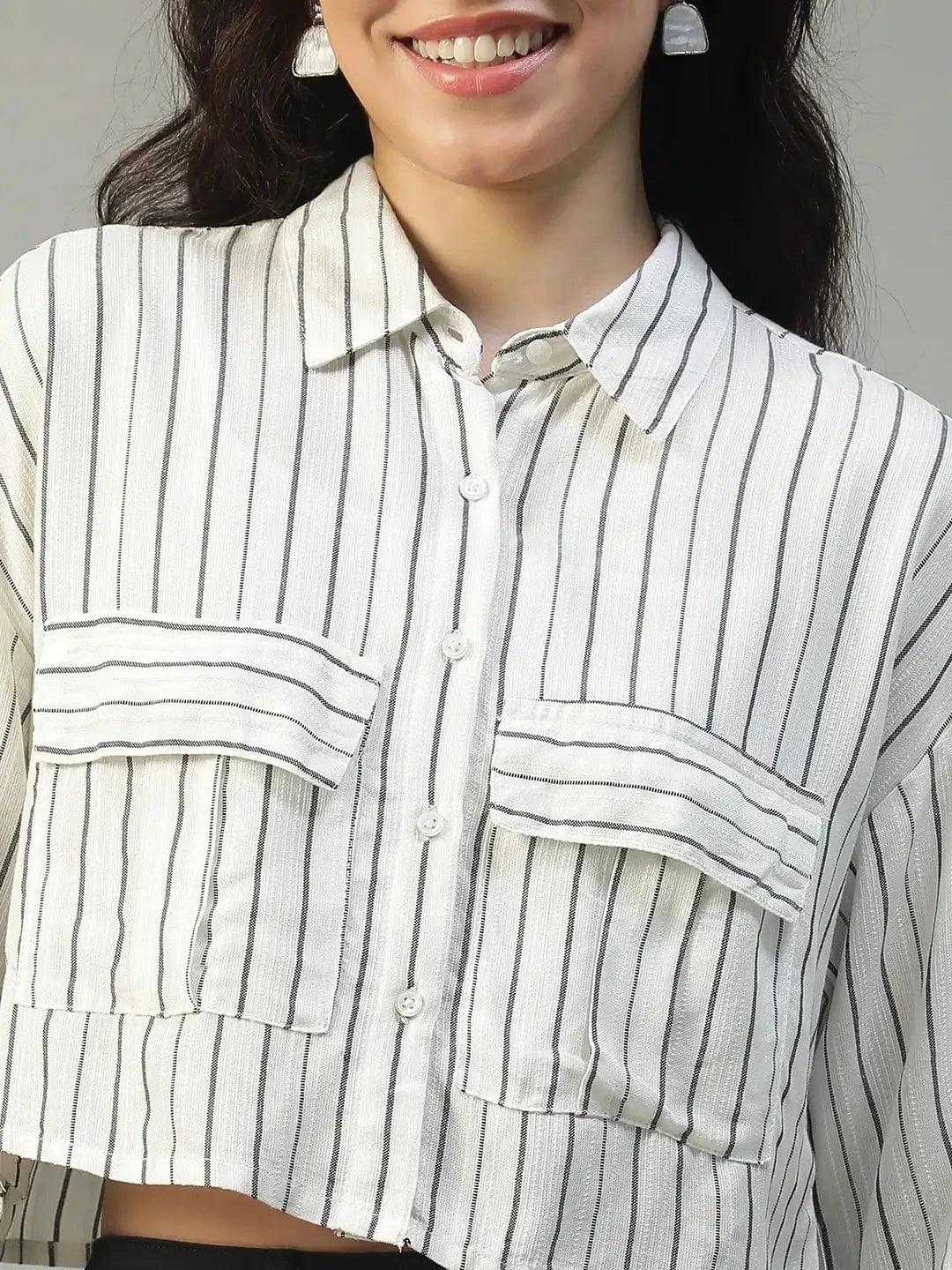 Straight White Stripe Print Collared With Button Fly Short Sleeve Women Yarn Dyed Dobby Shirt - Image 6
