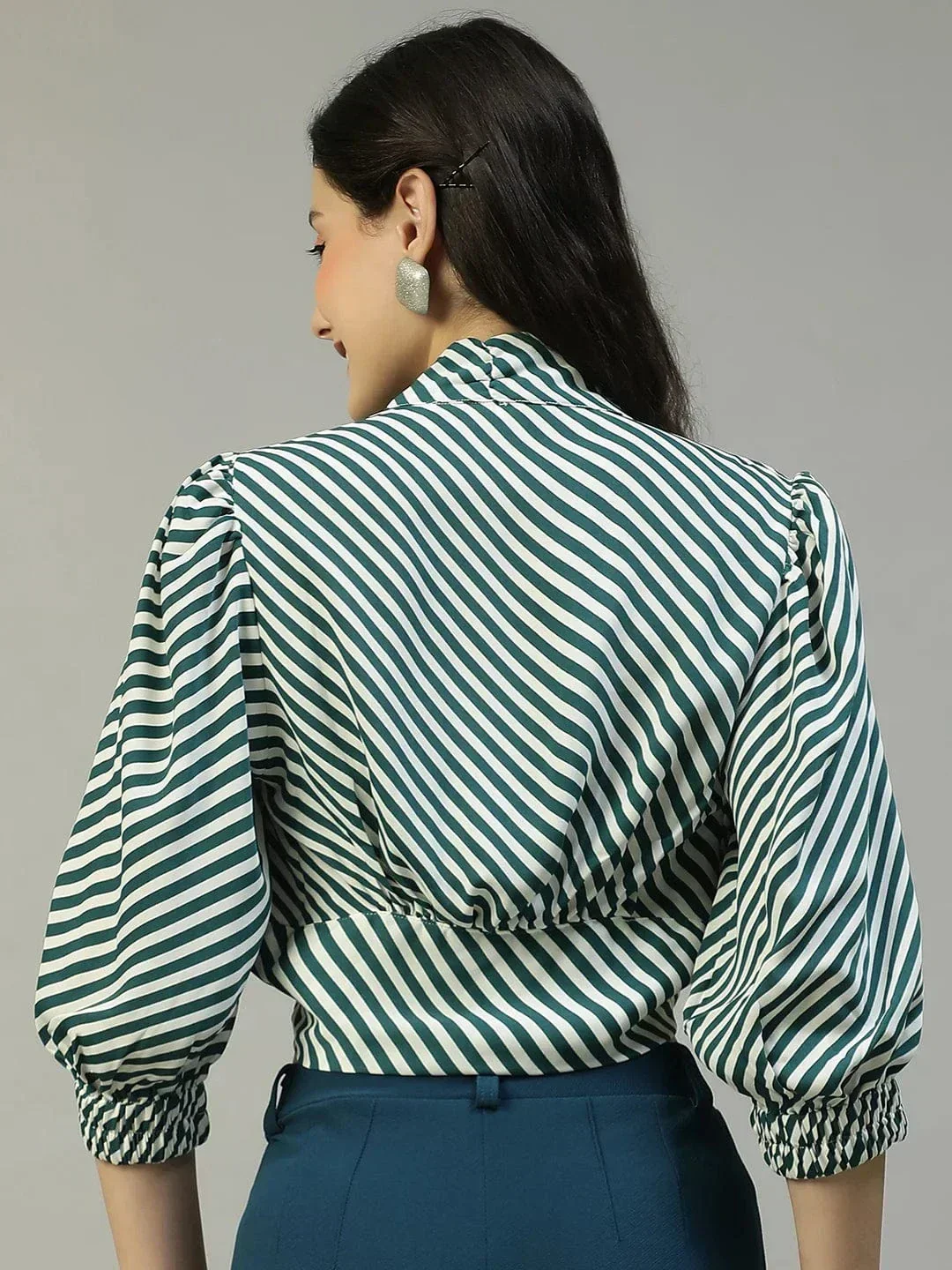 Striking Green Stripe Print Tie-Knot Detail Women Crop Top - Image 5