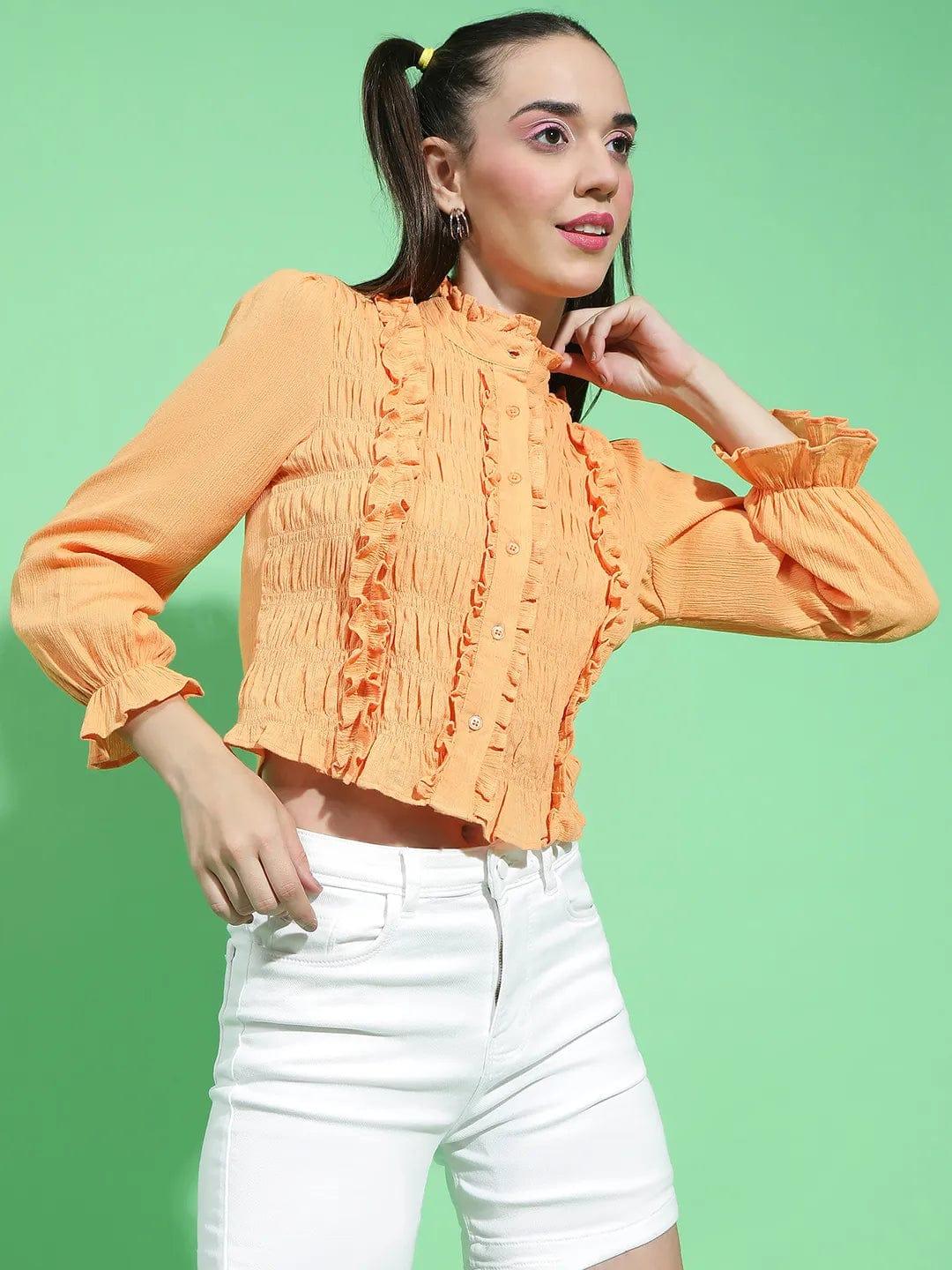 Striking Orange Round Neck Ruffle Detailed Cotton Shirt - Image 4