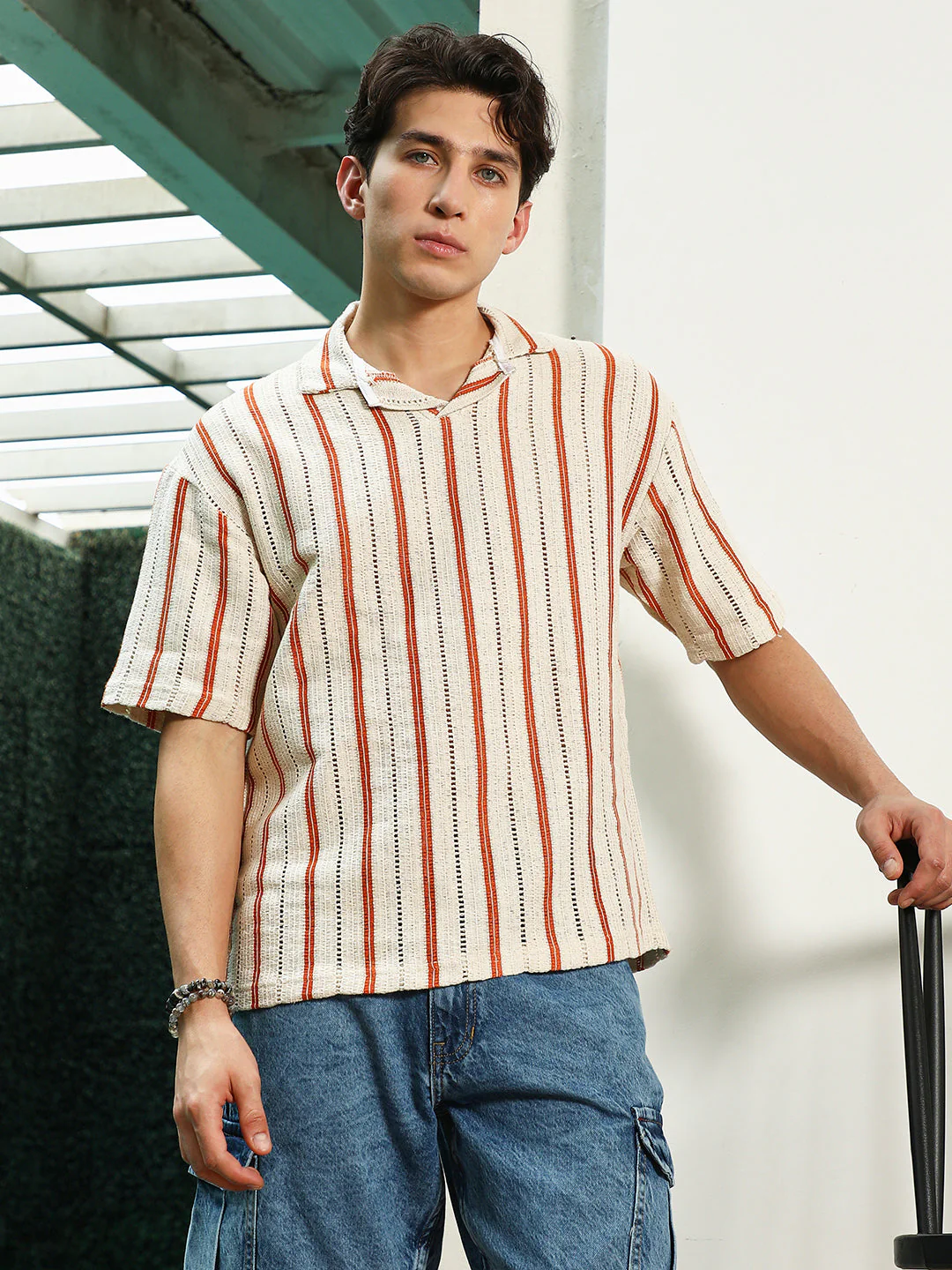 Striped Cuban Collar Cotton T-Shirt - Cream & Orange - Image 2