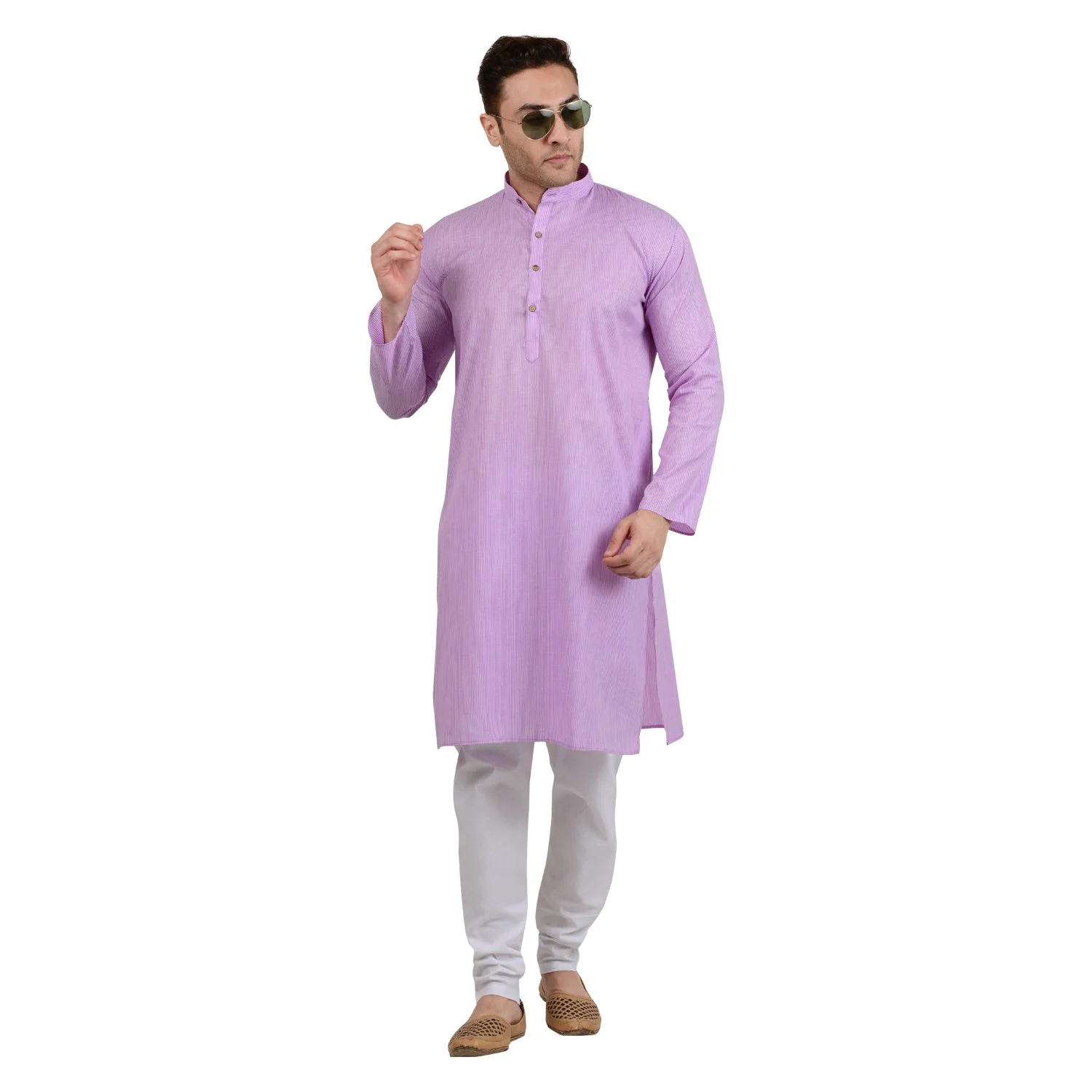 Striped PolyBlend Kurta and Cotton Pyjama Set in Purple - Image 5