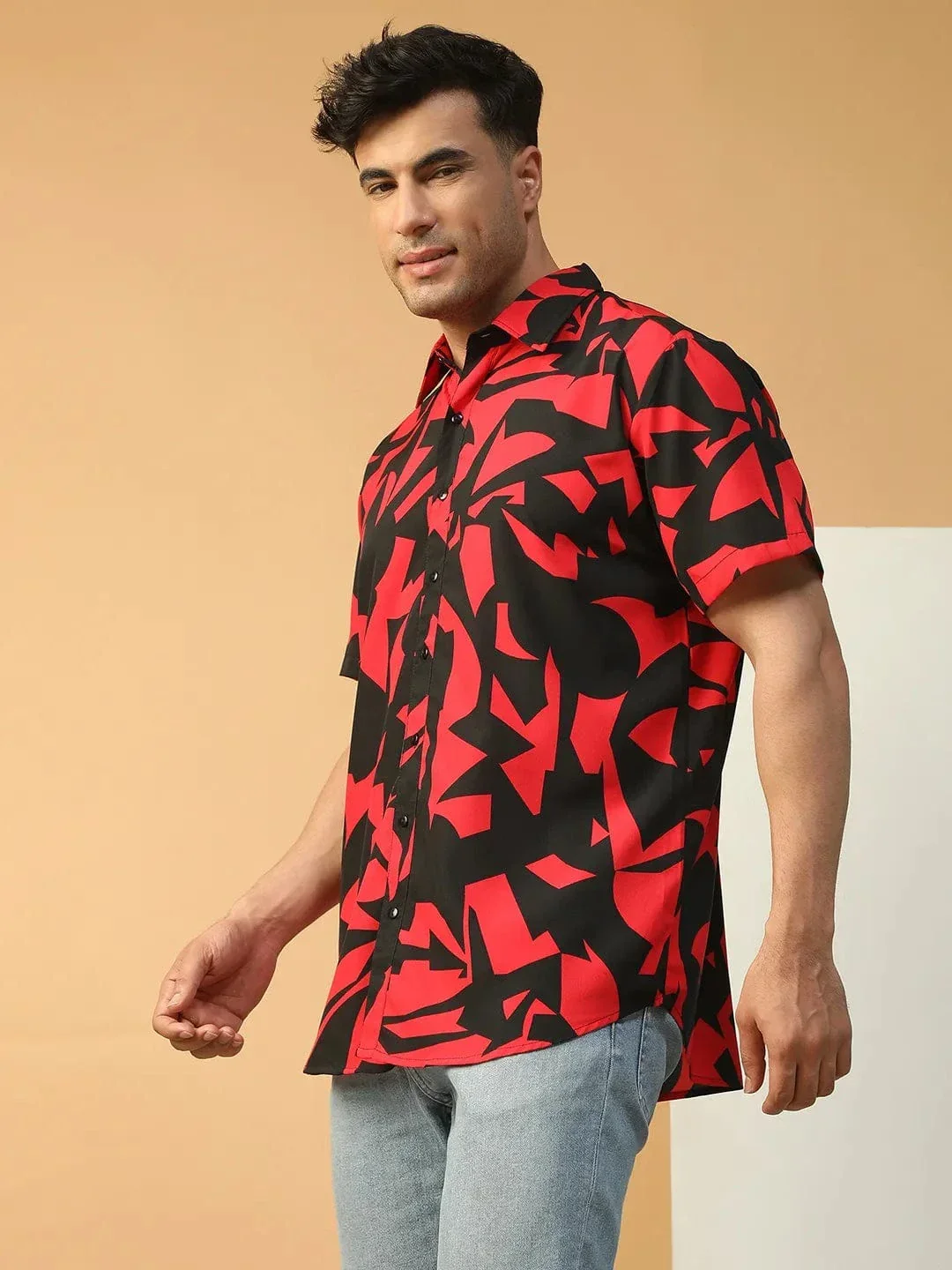 Strong Red Abstract Print Collared Short Sleeve Men Oversized Shirt - Image 4