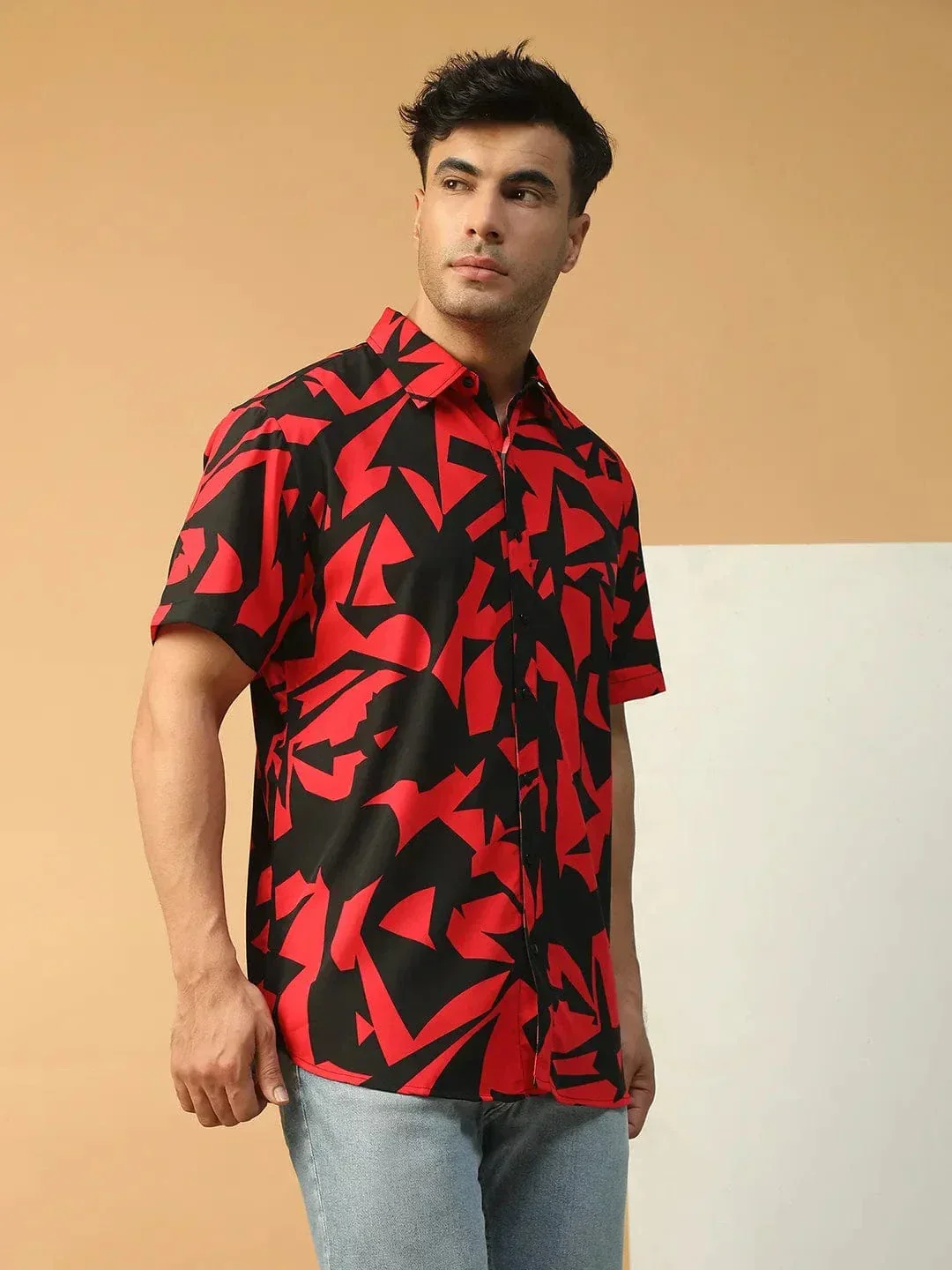 Strong Red Abstract Print Collared Short Sleeve Men Oversized Shirt - Image 5