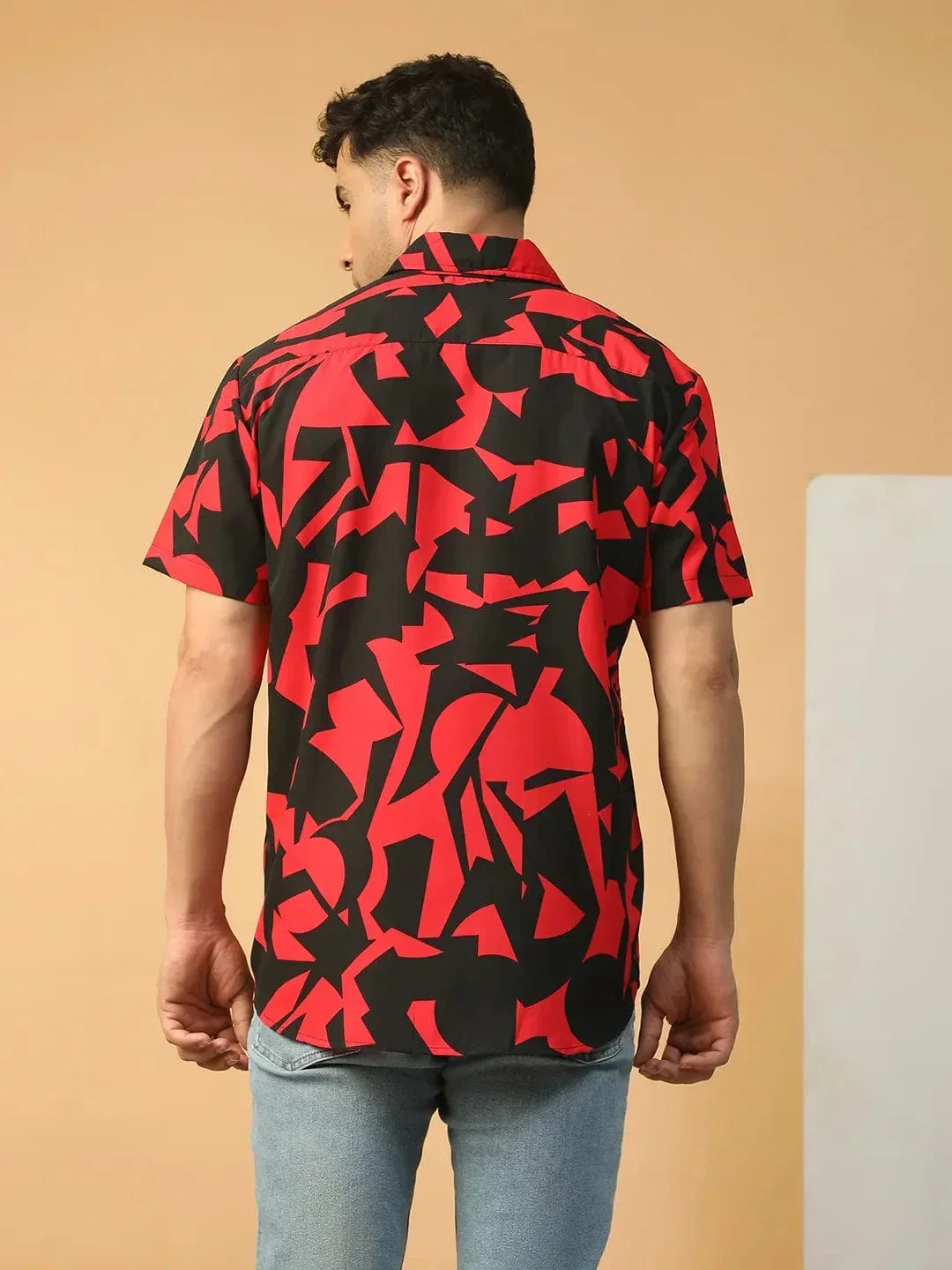 Strong Red Abstract Print Collared Short Sleeve Men Oversized Shirt - Image 6