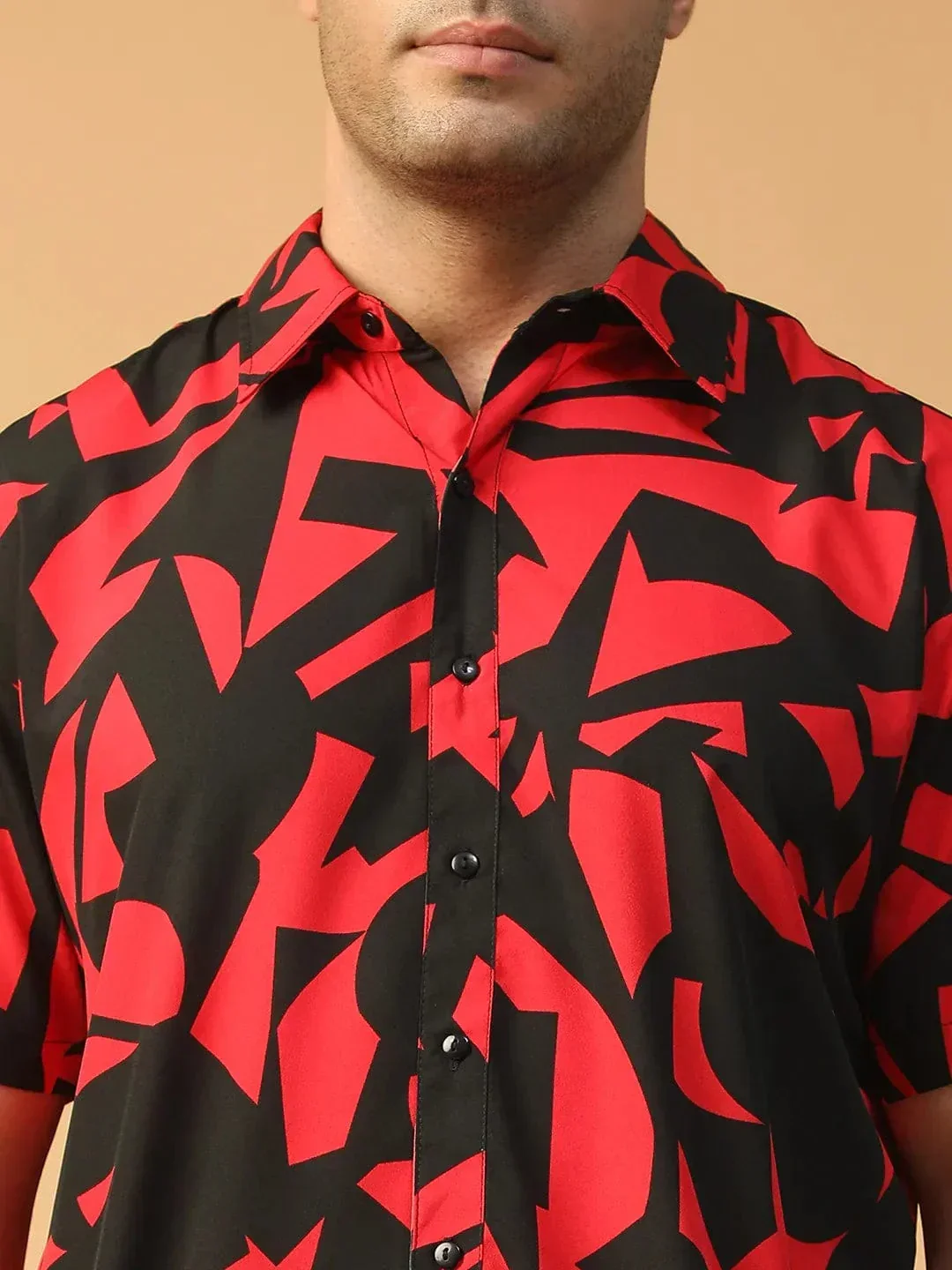 Strong Red Abstract Print Collared Short Sleeve Men Oversized Shirt - Image 7