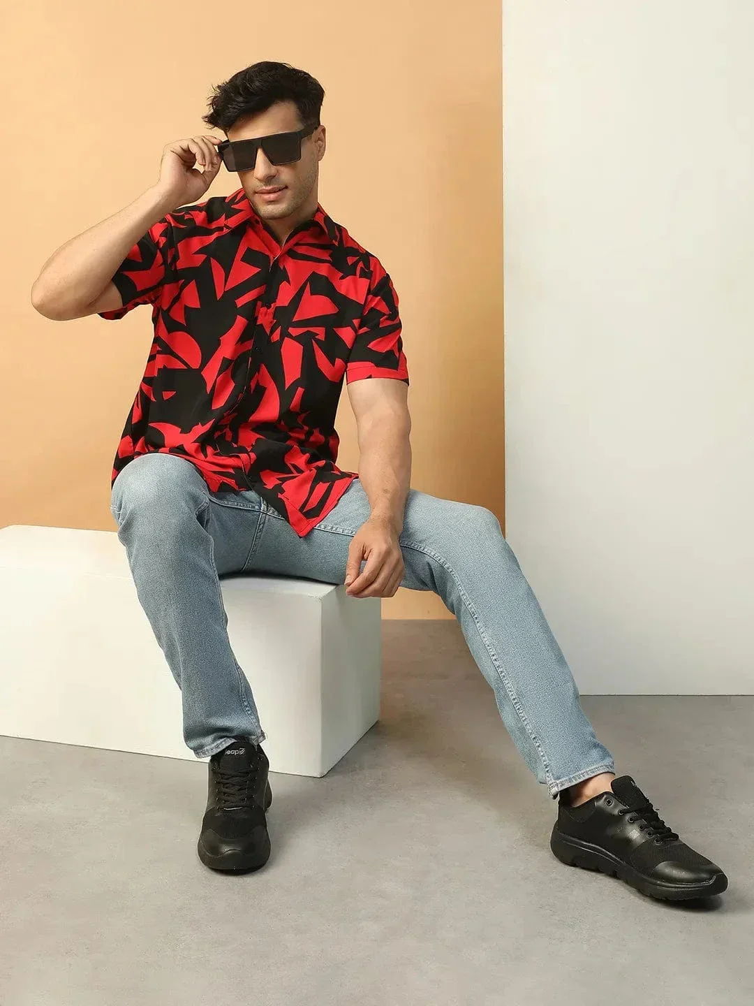 Strong Red Abstract Print Collared Short Sleeve Men Oversized Shirt - Image 8