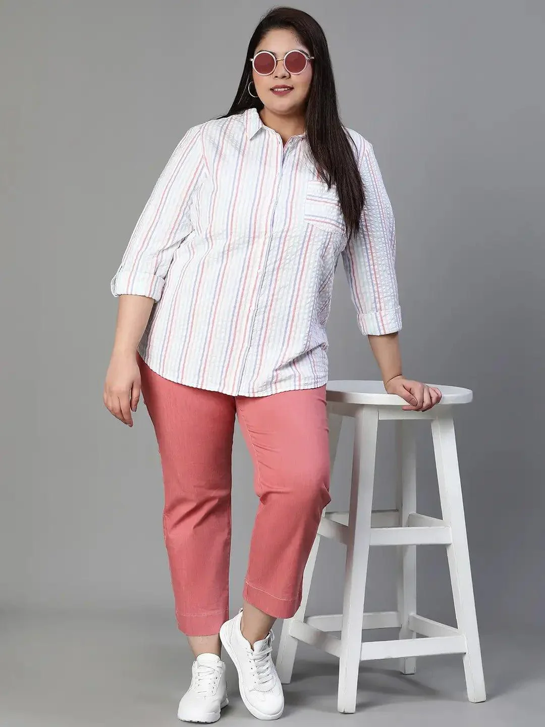 Stubble Stripe Print Multicolor Plus Size Cotton Shirt For Women - Image 8