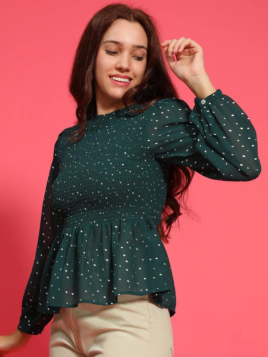 Styler Green Long Sleeve Smocked  Women Peplum Top - Image 3