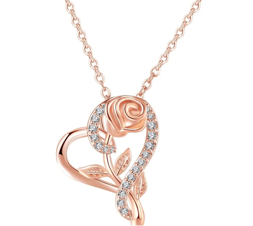 Stylish Rose Gold Plated Cz Heart Pendant With Chain, Love Shaped Necklace With Rose Design, Gift For Her (Rose Gold) - Image 21