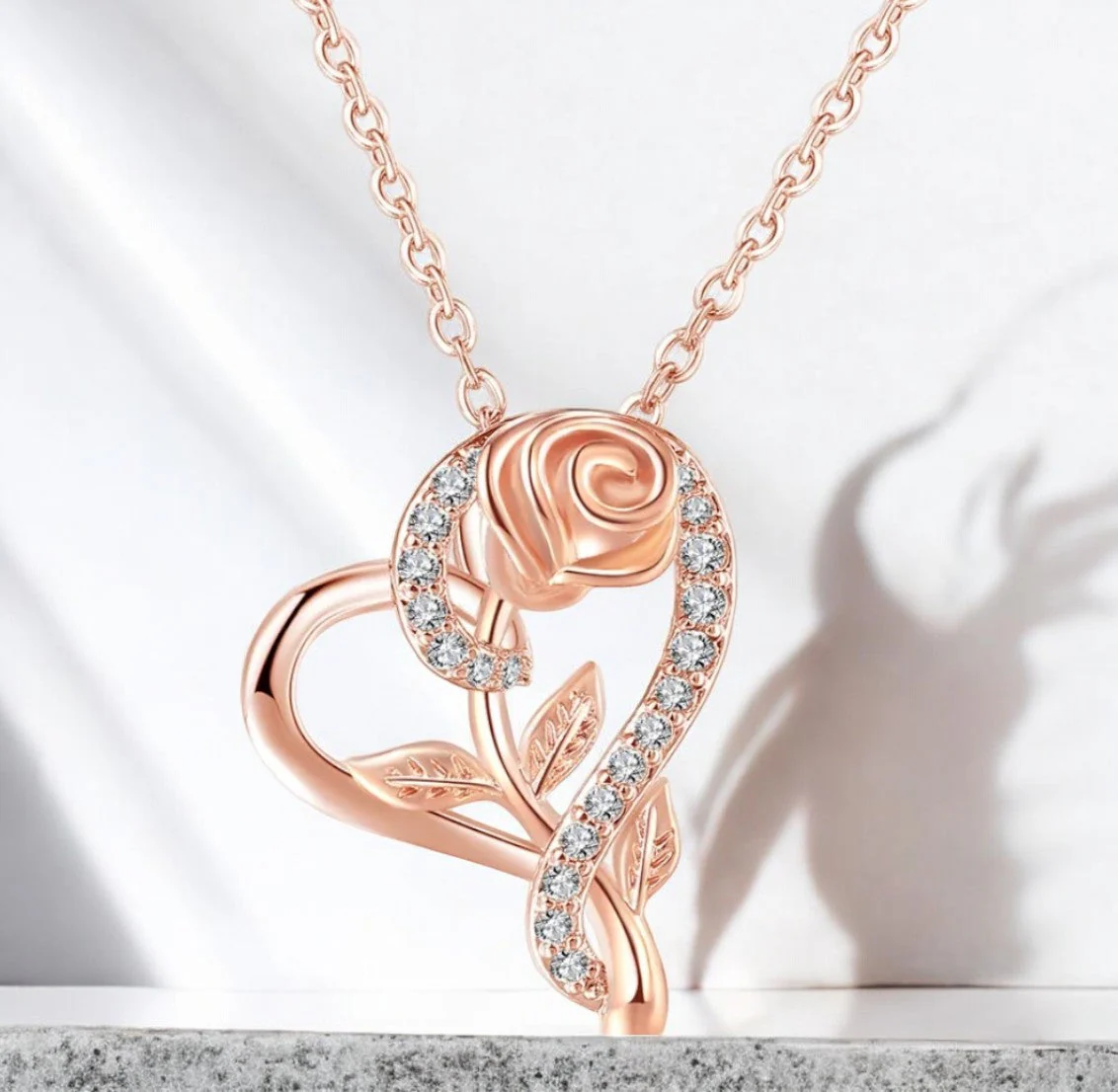 Stylish Rose Gold Plated Cz Heart Pendant With Chain, Love Shaped Necklace With Rose Design, Gift For Her (Rose Gold) - Image 3