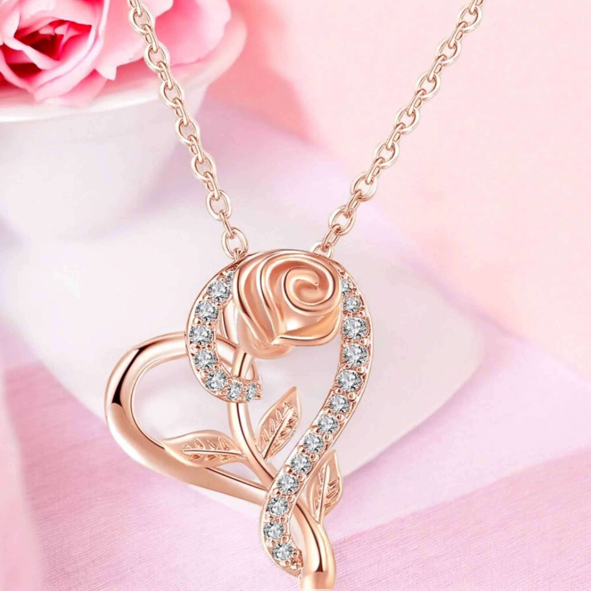 Stylish Rose Gold Plated Cz Heart Pendant With Chain, Love Shaped Necklace With Rose Design, Gift For Her (Rose Gold) - Image 6