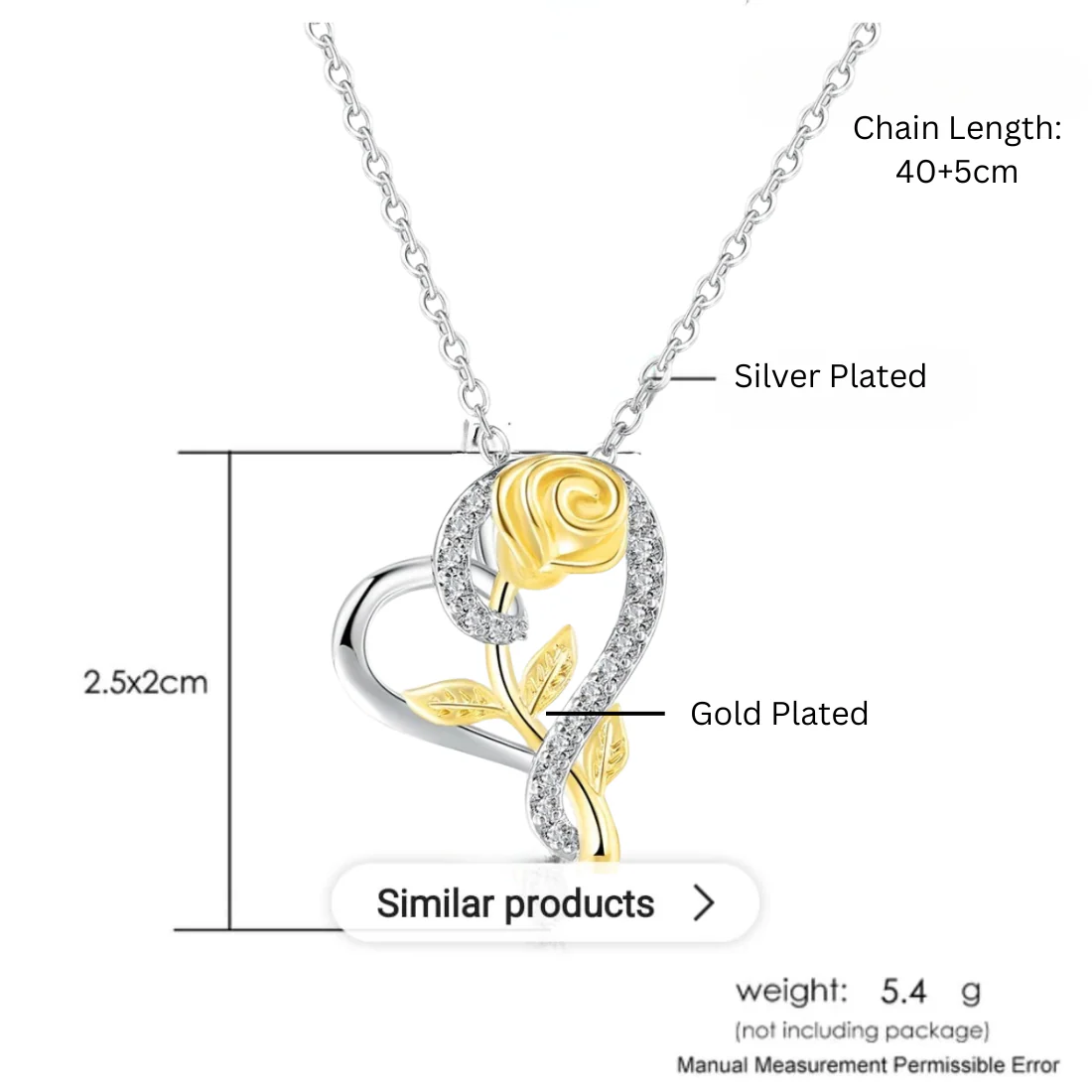 Stylish Silver Plated Cz Chain Pendent Set For Women, Heart Shaped Pendant With Rose Design (Silver & Gold) - Image 3