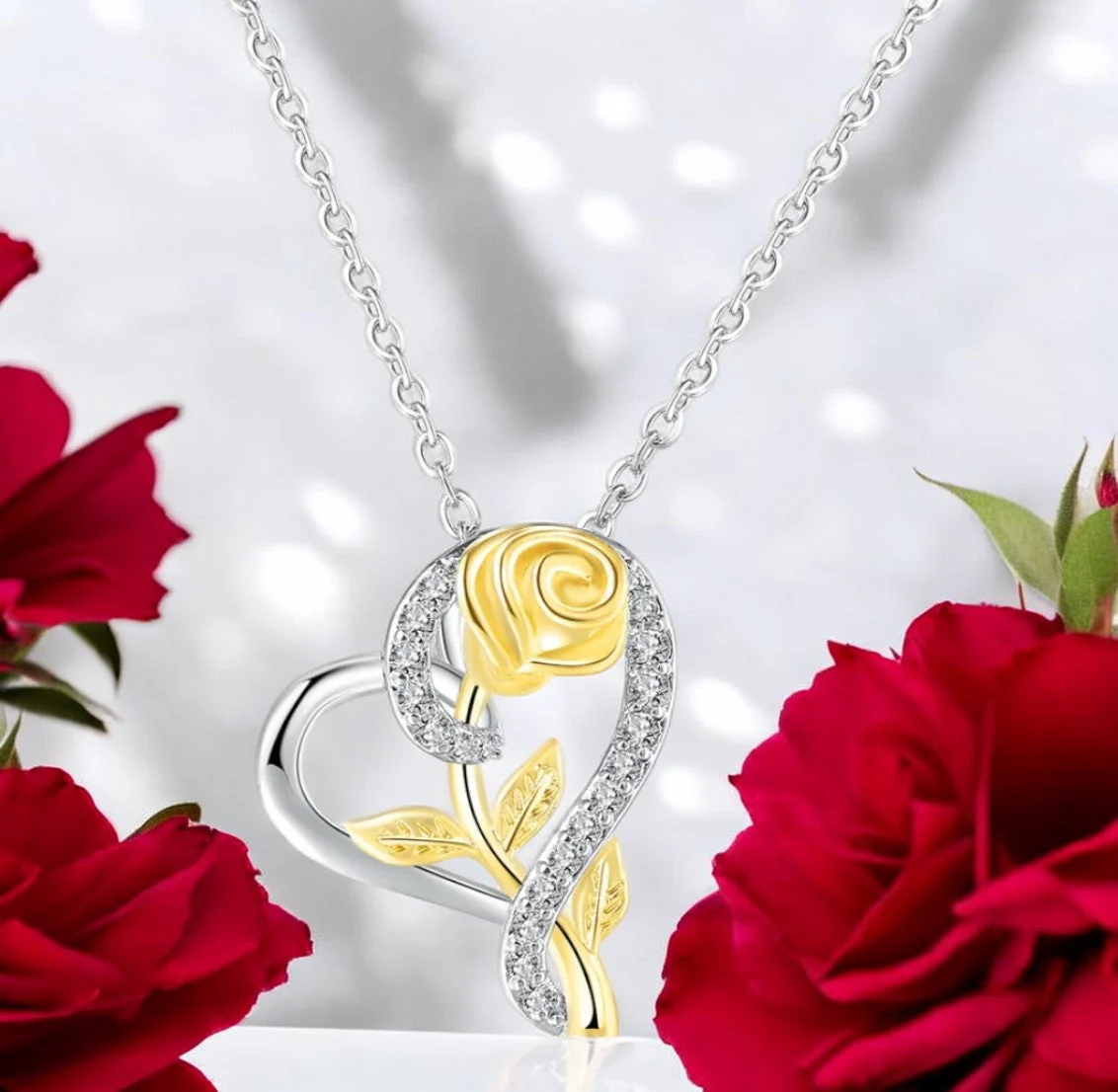 Stylish Silver Plated Cz Chain Pendent Set For Women, Heart Shaped Pendant With Rose Design (Silver & Gold) - Image 4