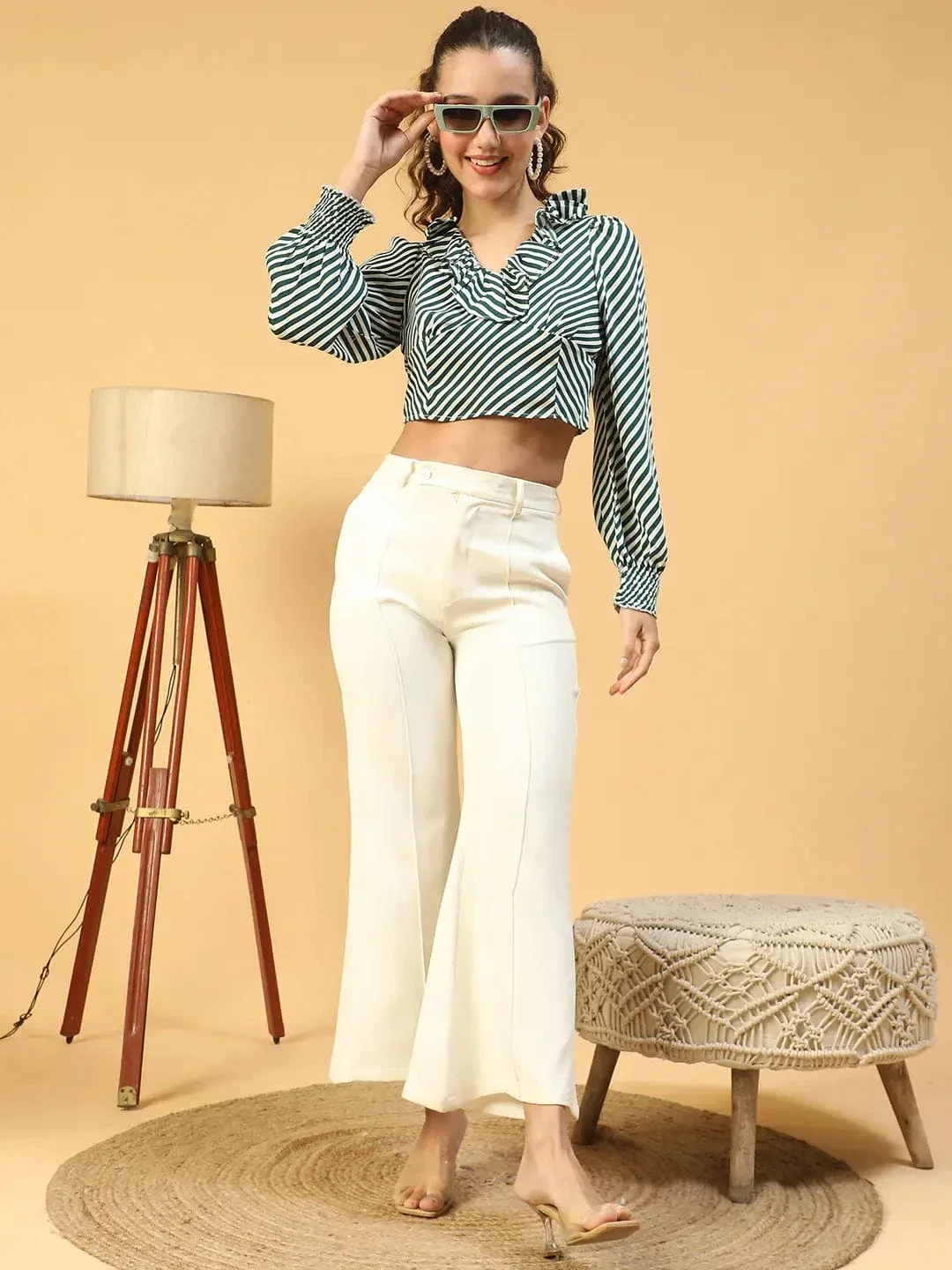 Stylo Green Stripe Print Ruffle Detailed Long Sleeve Women Crop Top - Image 7