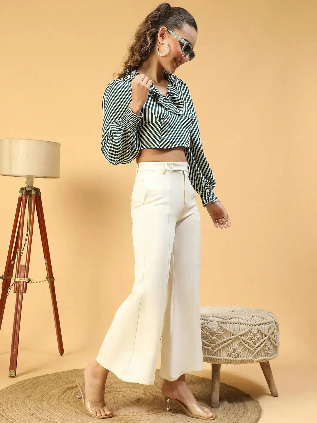 Stylo Green Stripe Print Ruffle Detailed Long Sleeve Women Crop Top - Image 8