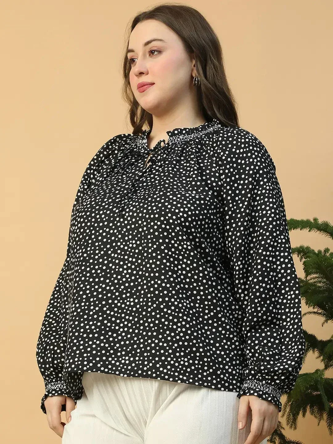 Sublime Black Printed Long Sleeve Smocking Detail Plus Size Women Top - Image 3