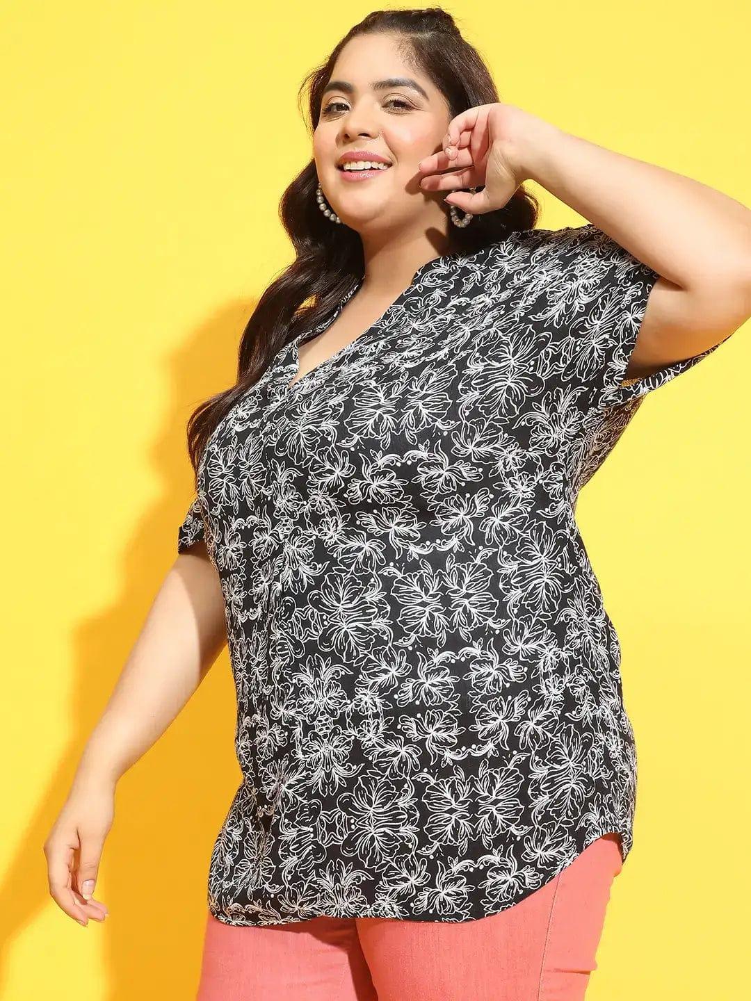 Summer Black Floral Print Short Sleeve Plus Size Loopy Top - Image 3