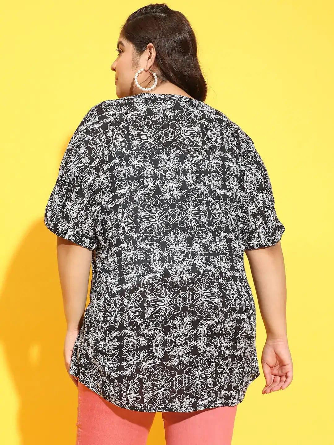 Summer Black Floral Print Short Sleeve Plus Size Loopy Top - Image 5