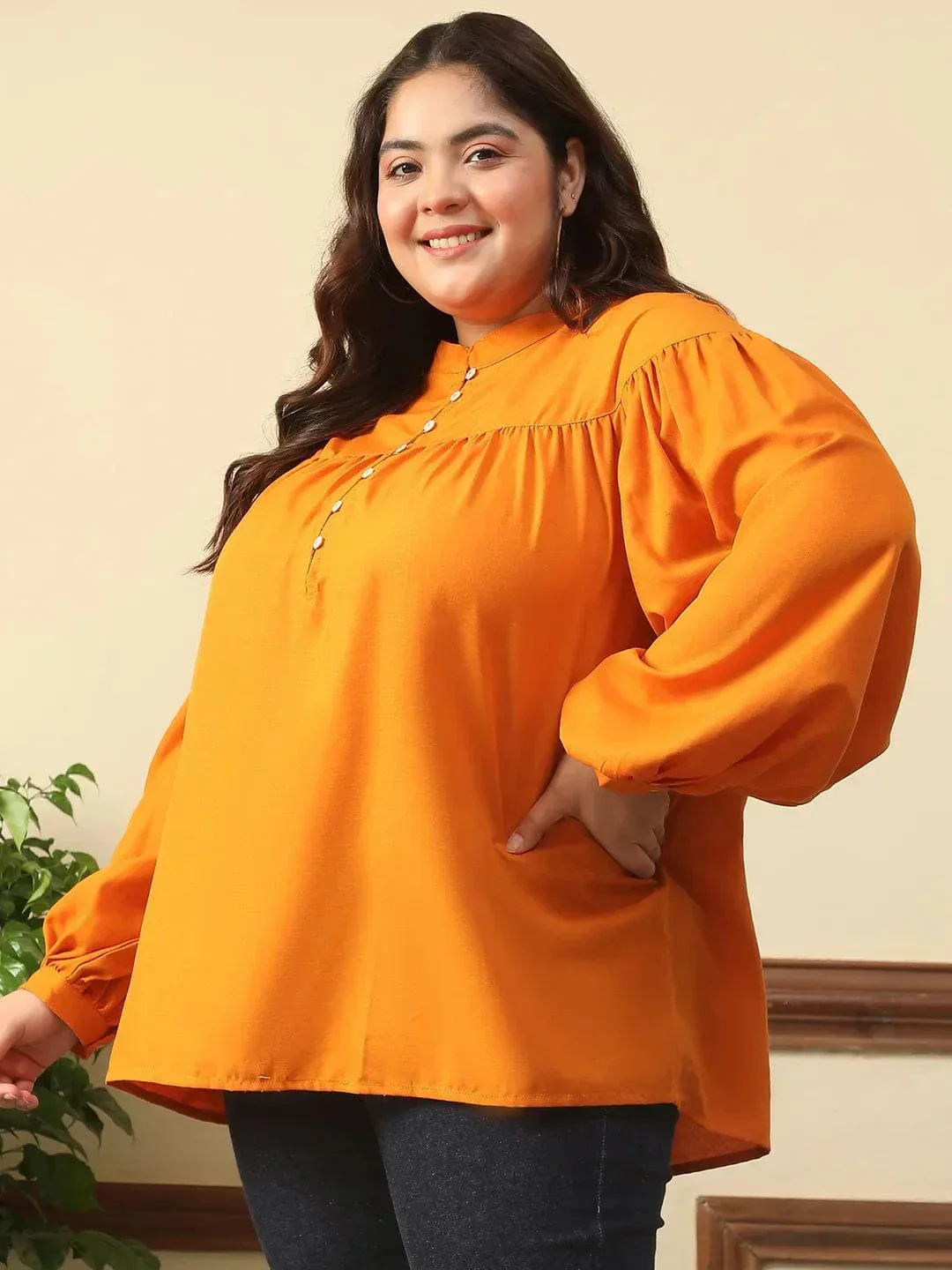 Summer Orange Round Neck With Button Placket Long Lantern Sleeve Plus Size Women Top - Image 3