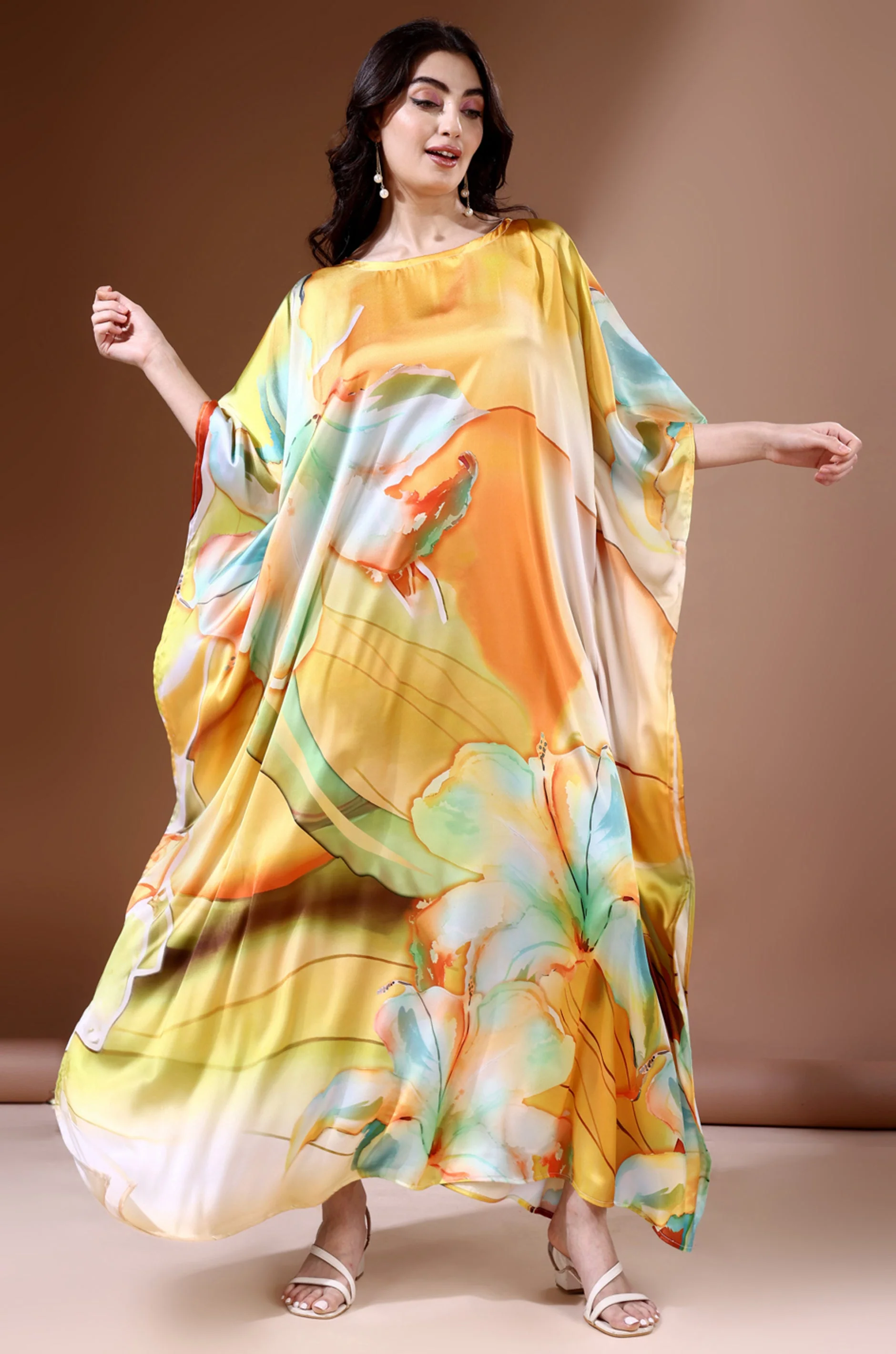 Sunset Bloom Soft Satin Kaftan With Digital Print