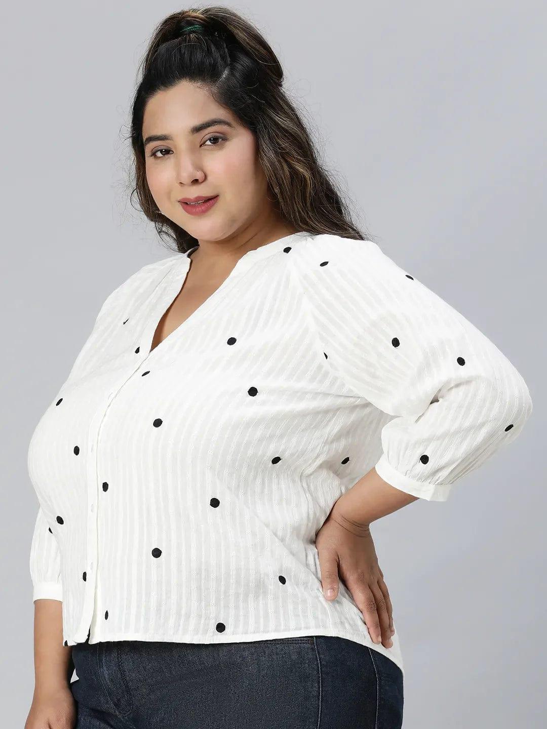 Super White Dot Print Plus Size Cotton Loopy Top - Image 3