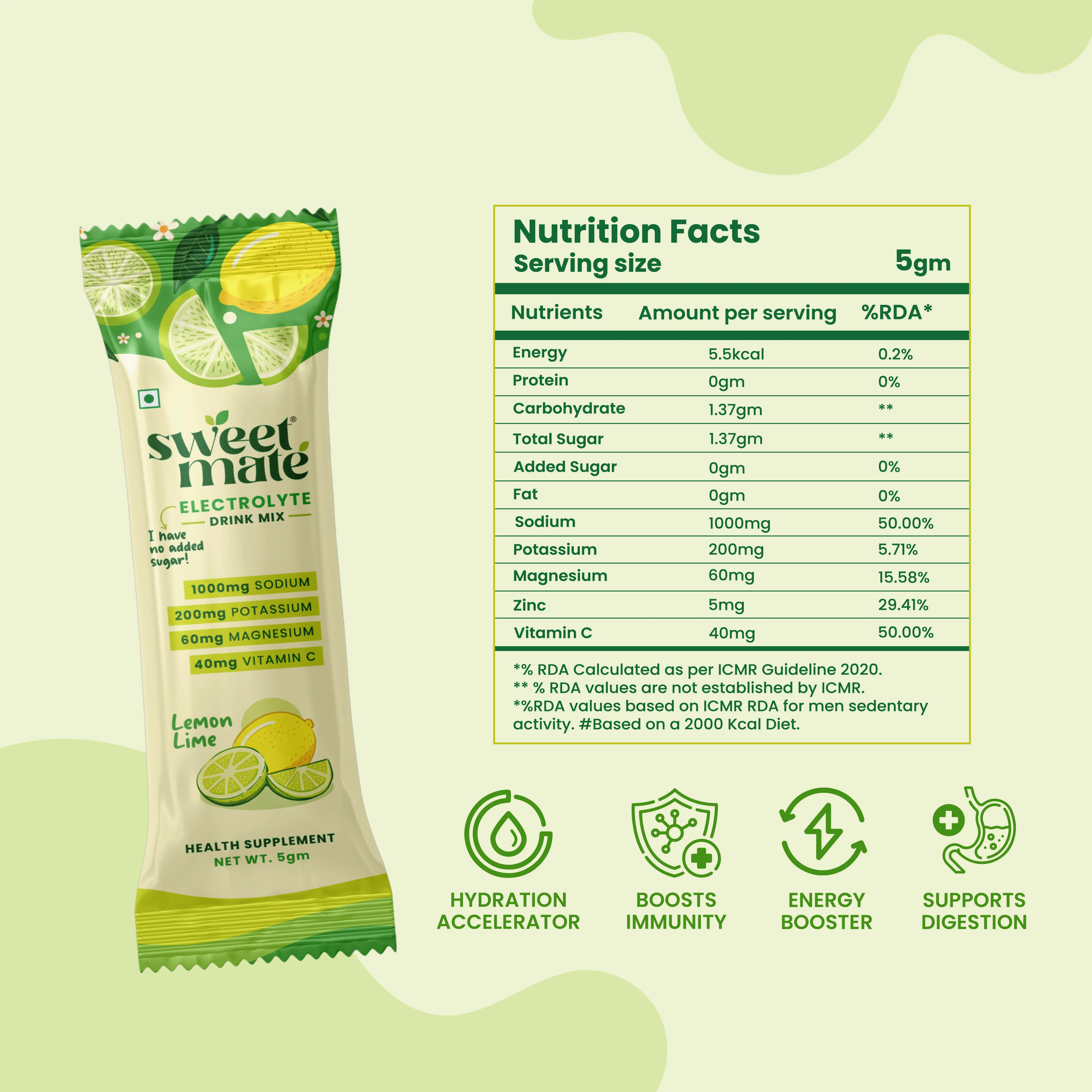Sweetmate Electrolyte Drink Mix- Lemon Lime Flavour (Pack of 20) - Image 4