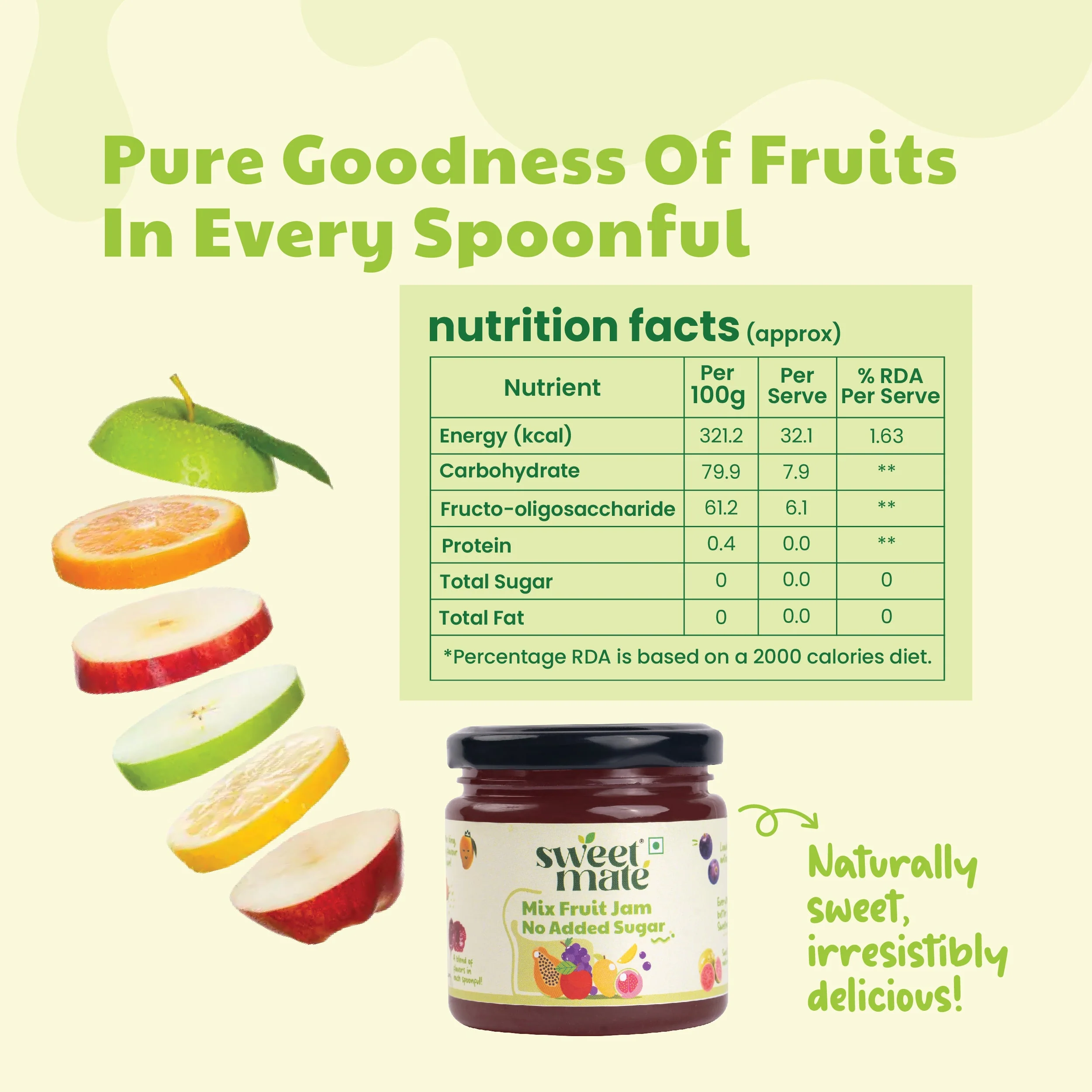 Sweetmate No Added Sugar 100% Pure Pulp Mix Fruit Jam - 220g - Image 2