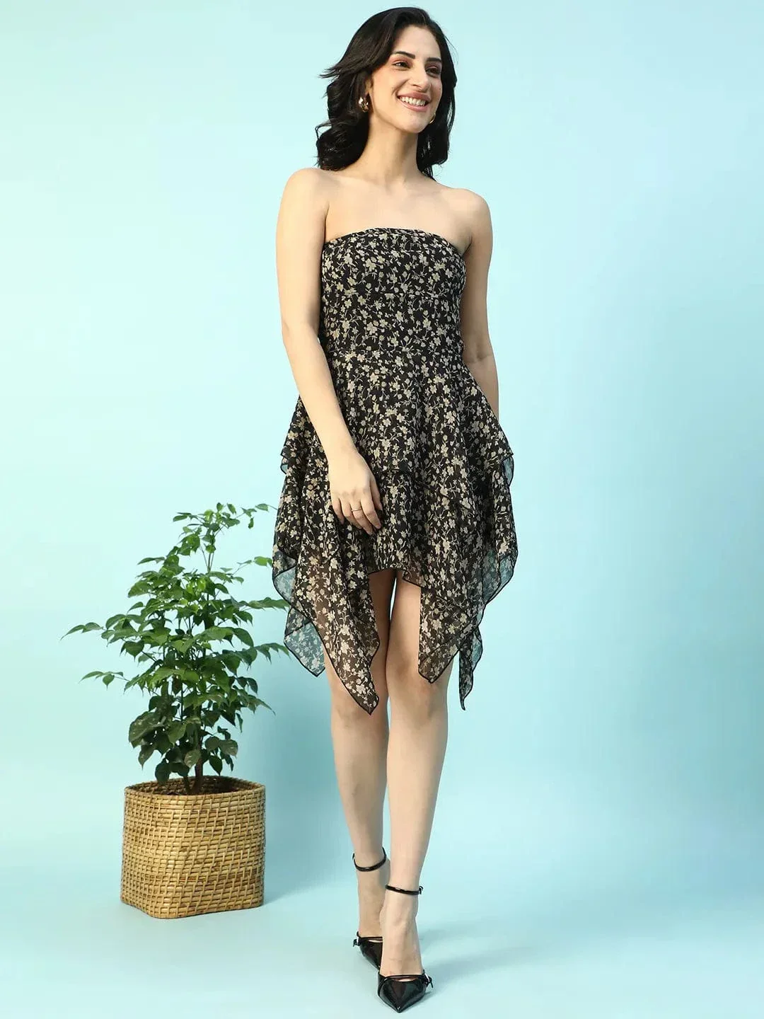 Swingy Black Floral Print Ruffle Detail Off Shoulder With Tie-Knot At Back High Low Women Dress - Image 2