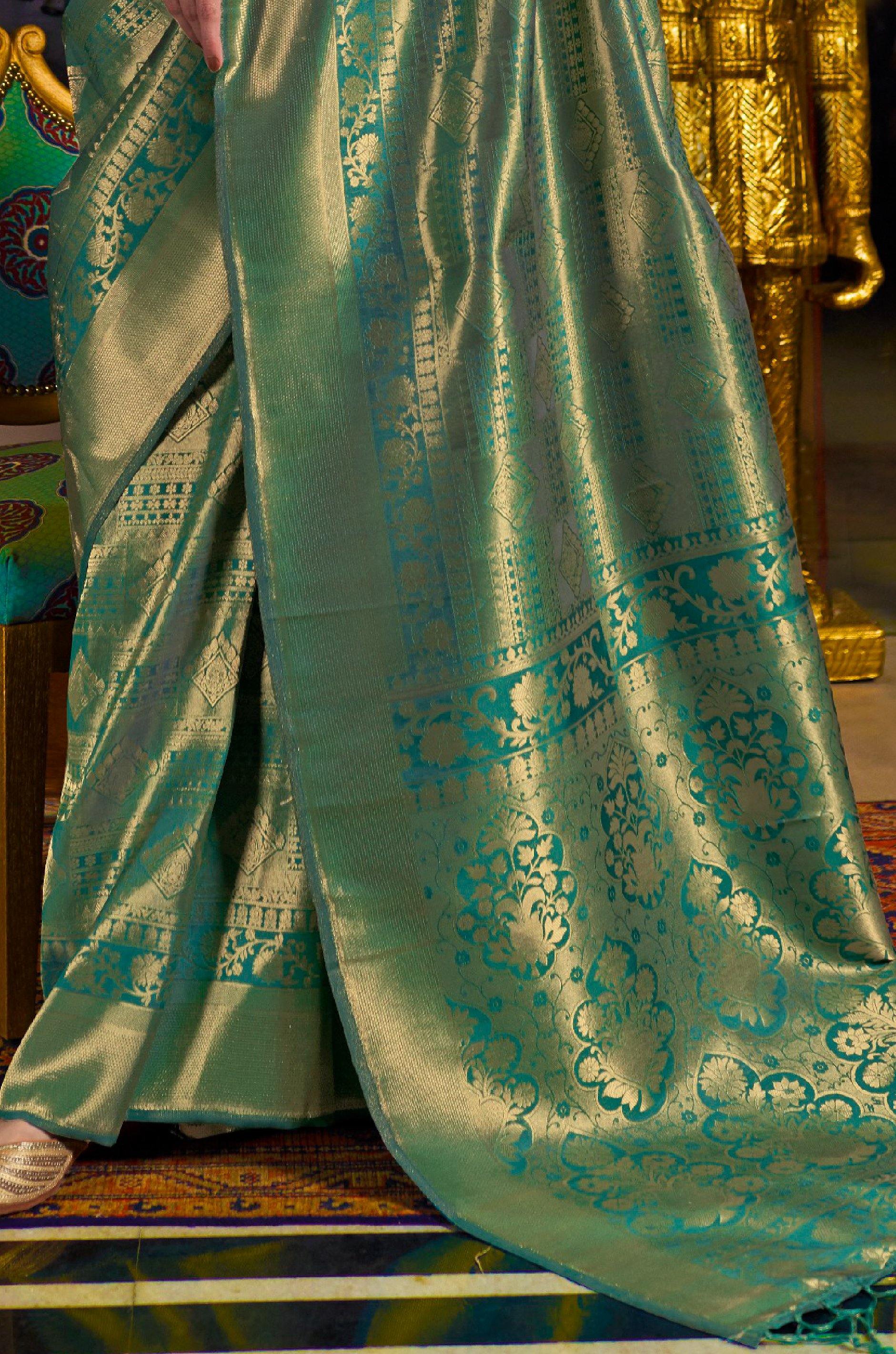 Teal Blue Kanjivaram Silk Saree - Image 2